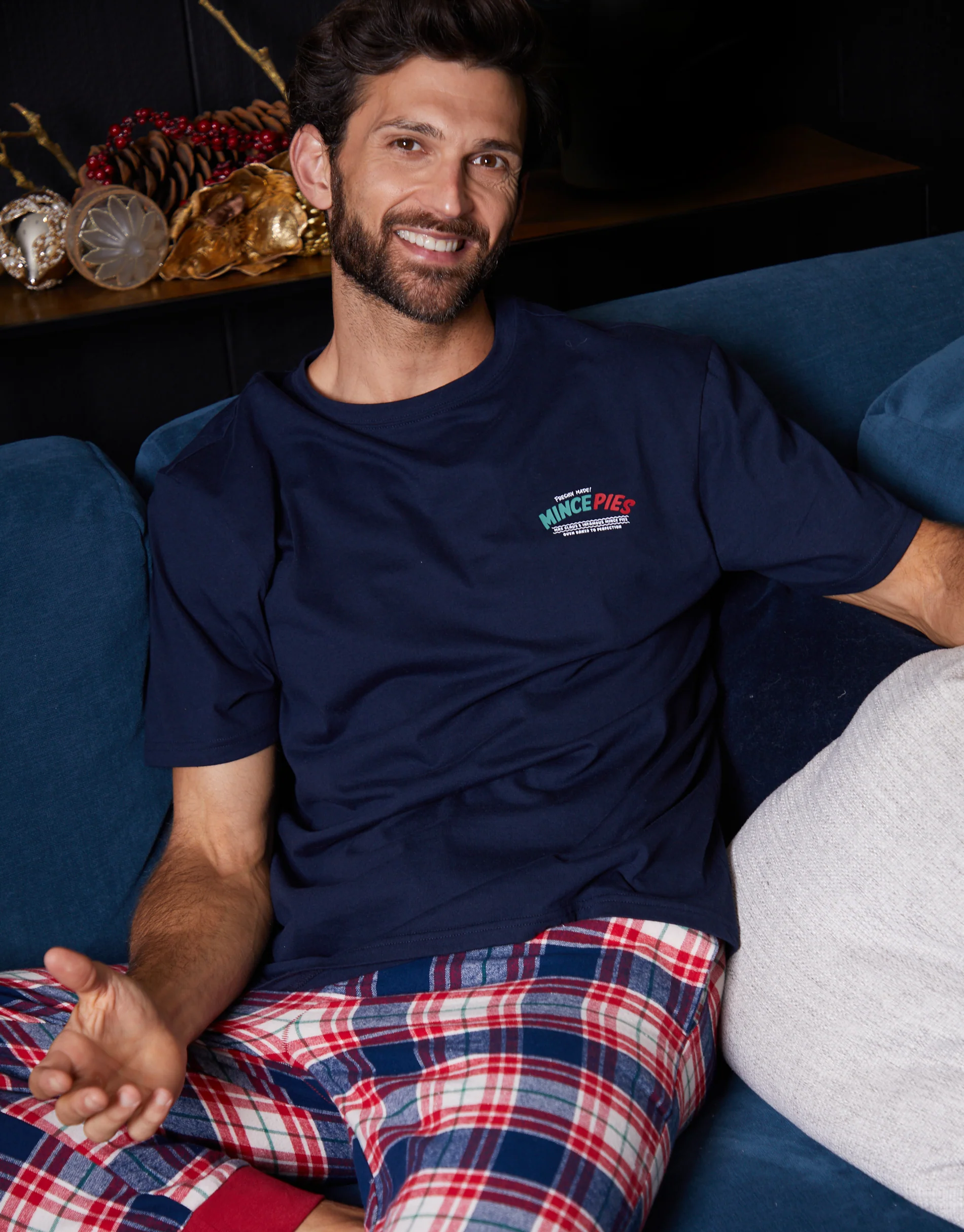 Check Christmas Graphic Pyjama Set in Navy