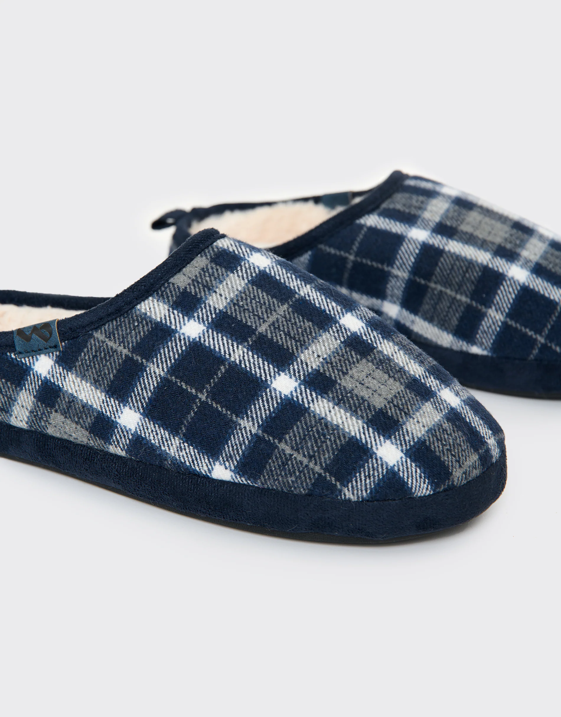 Faux Fur Lined Mule Slippers in Navy Check - Image 3