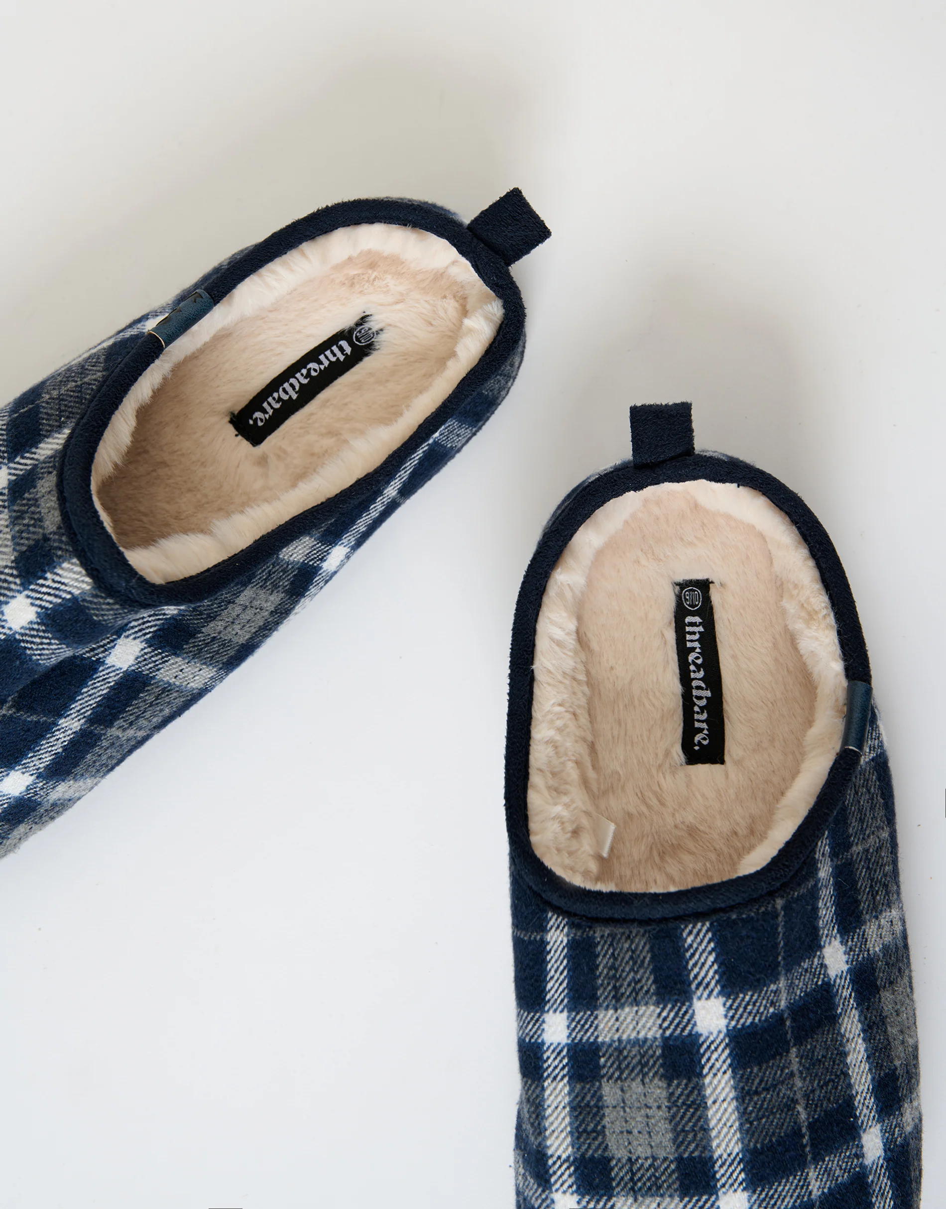 Faux Fur Lined Mule Slippers in Navy Check - Image 4