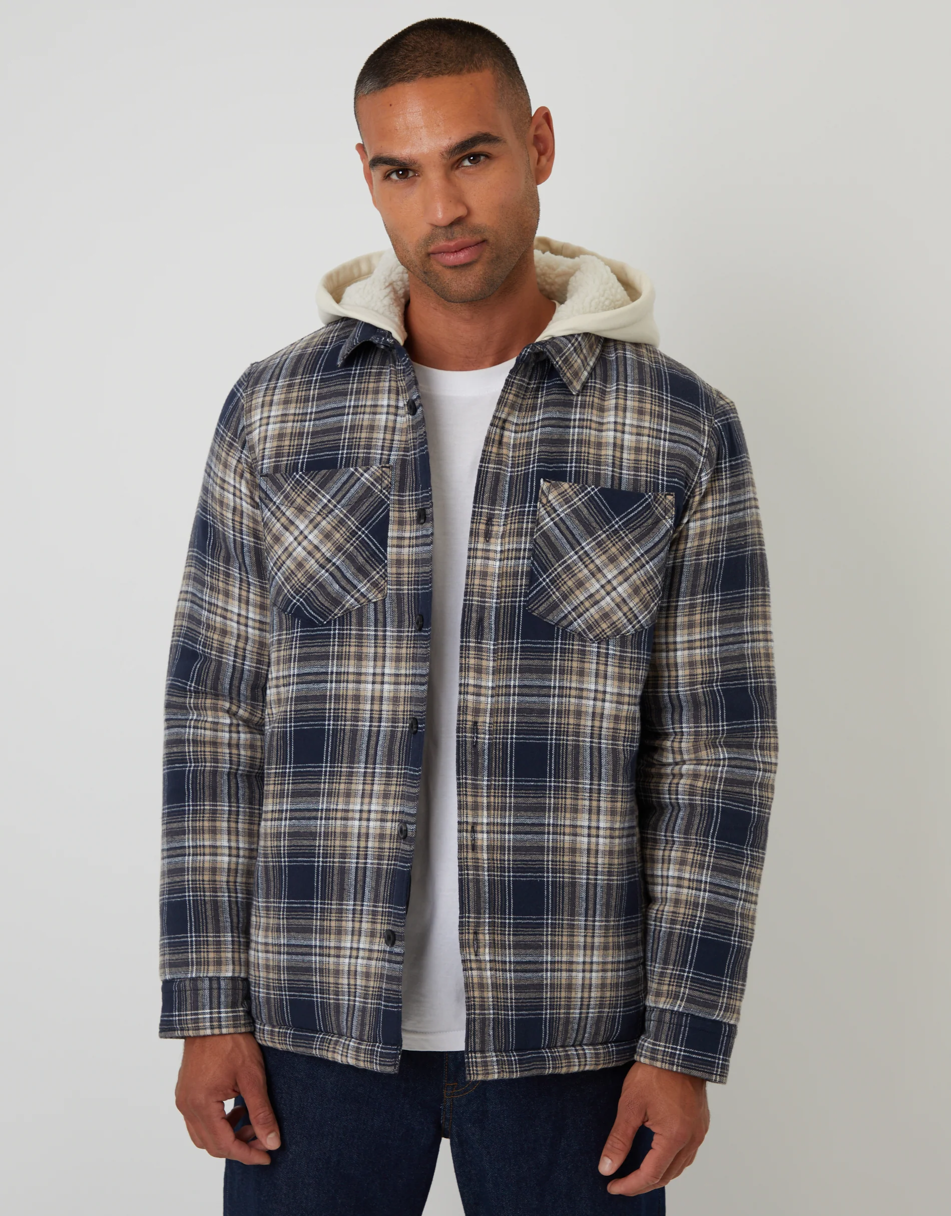 Quilted Shacket with Borg Lined Hood in Navy Check