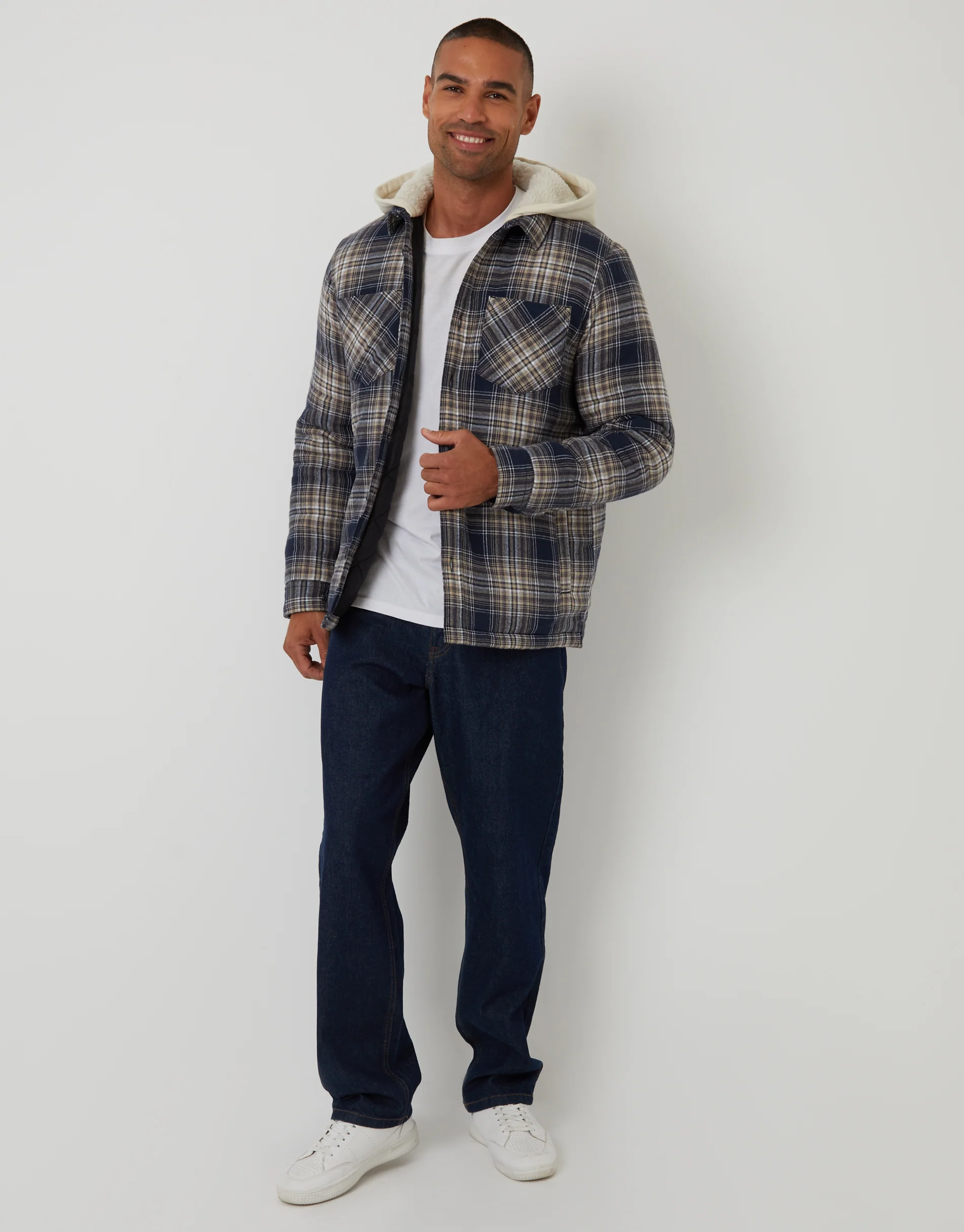 Quilted Shacket with Borg Lined Hood in Navy Check - Image 3
