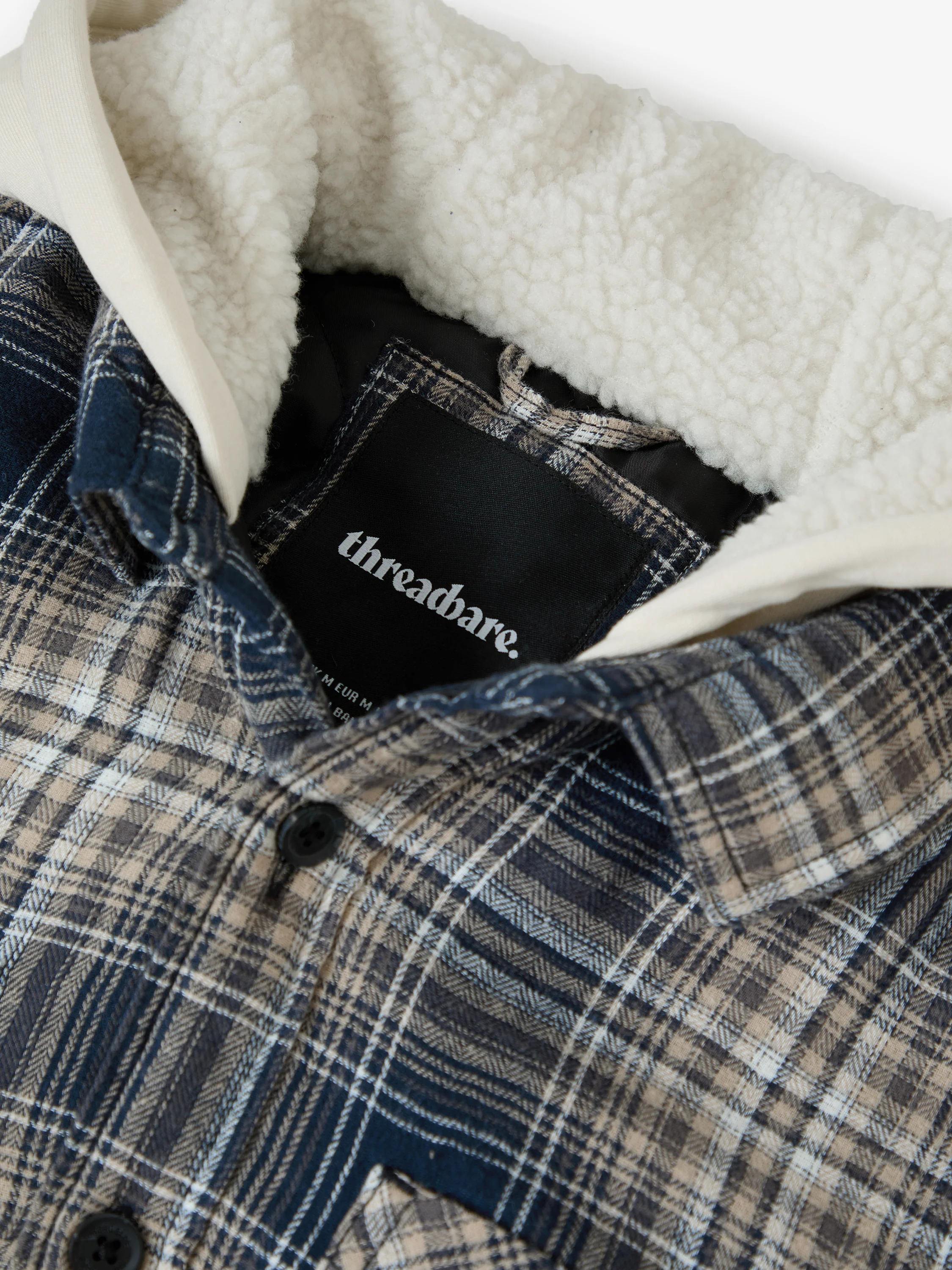 Quilted Shacket with Borg Lined Hood in Navy Check - Image 5