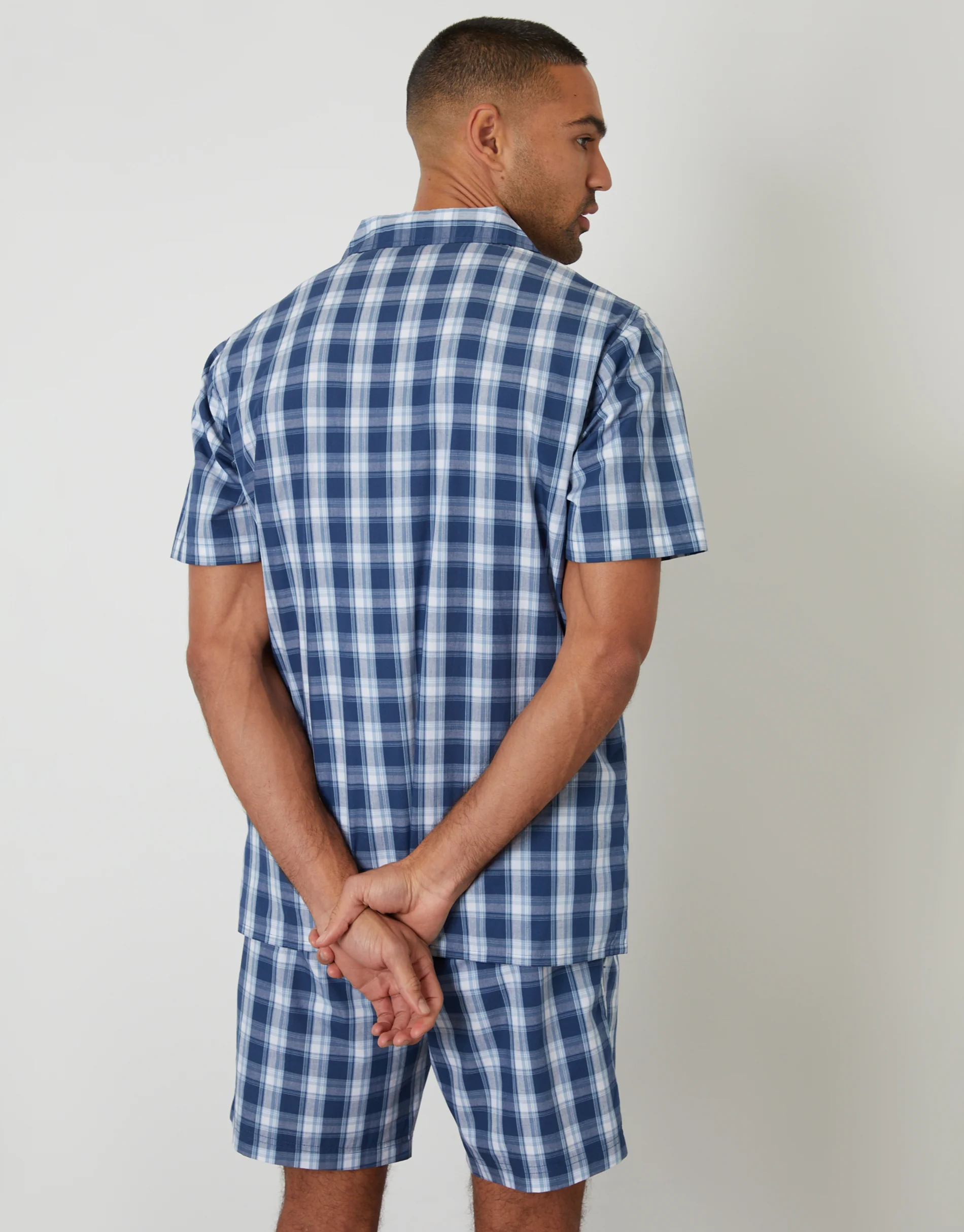 Short Sleeve Shirt & Shorts Pyjama Set in Navy Check - Image 2