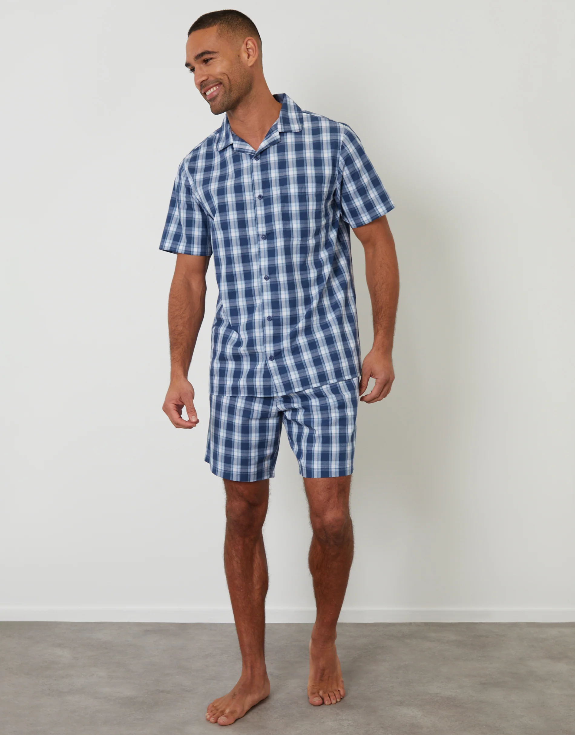 Short Sleeve Shirt & Shorts Pyjama Set in Navy Check - Image 3