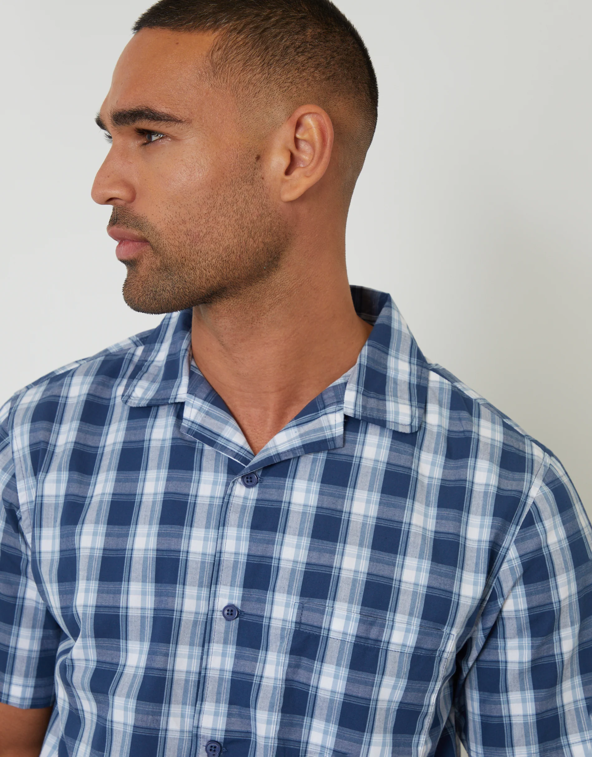 Short Sleeve Shirt & Shorts Pyjama Set in Navy Check - Image 4