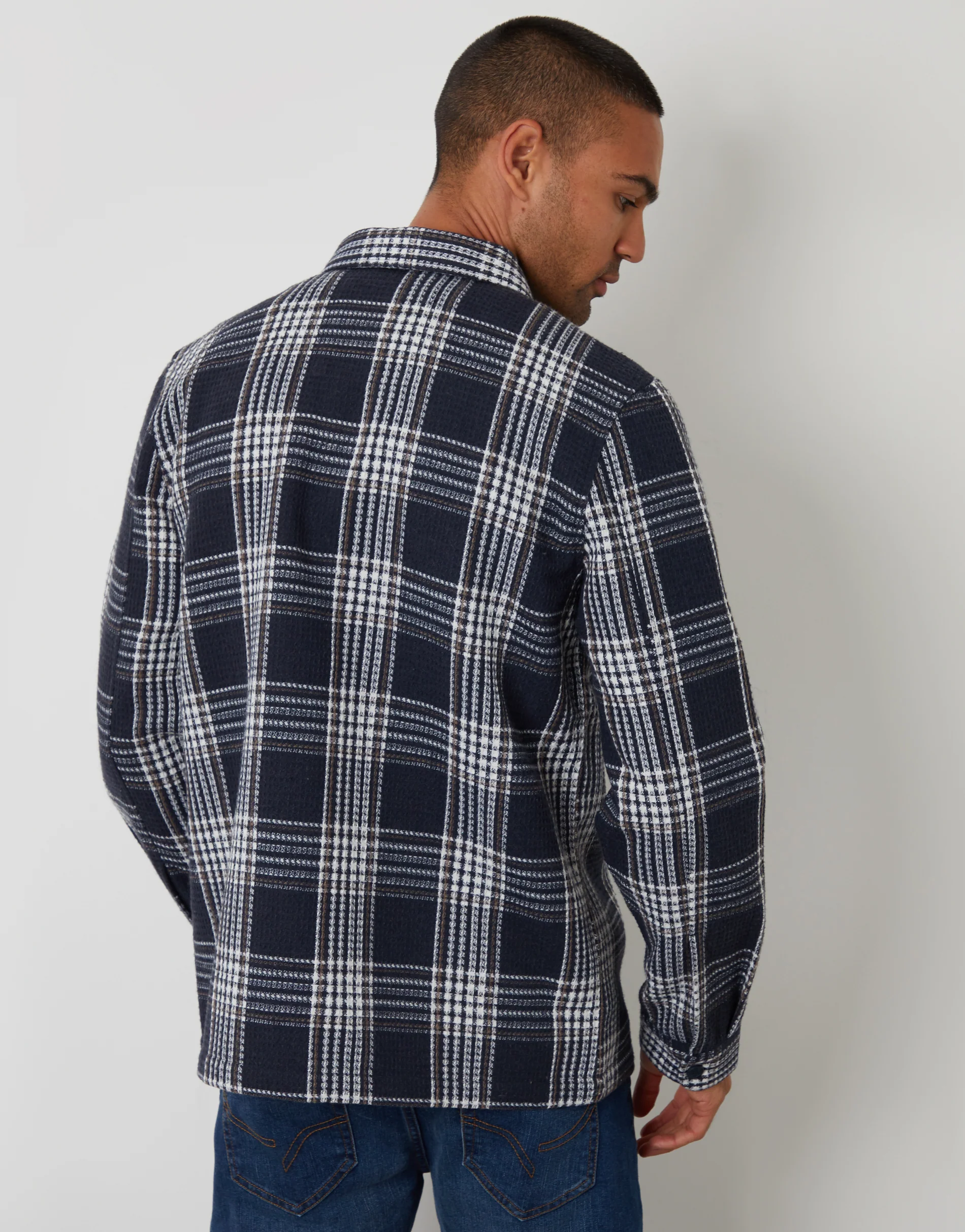 Waffle Textured Shacket in Navy Check - Image 2