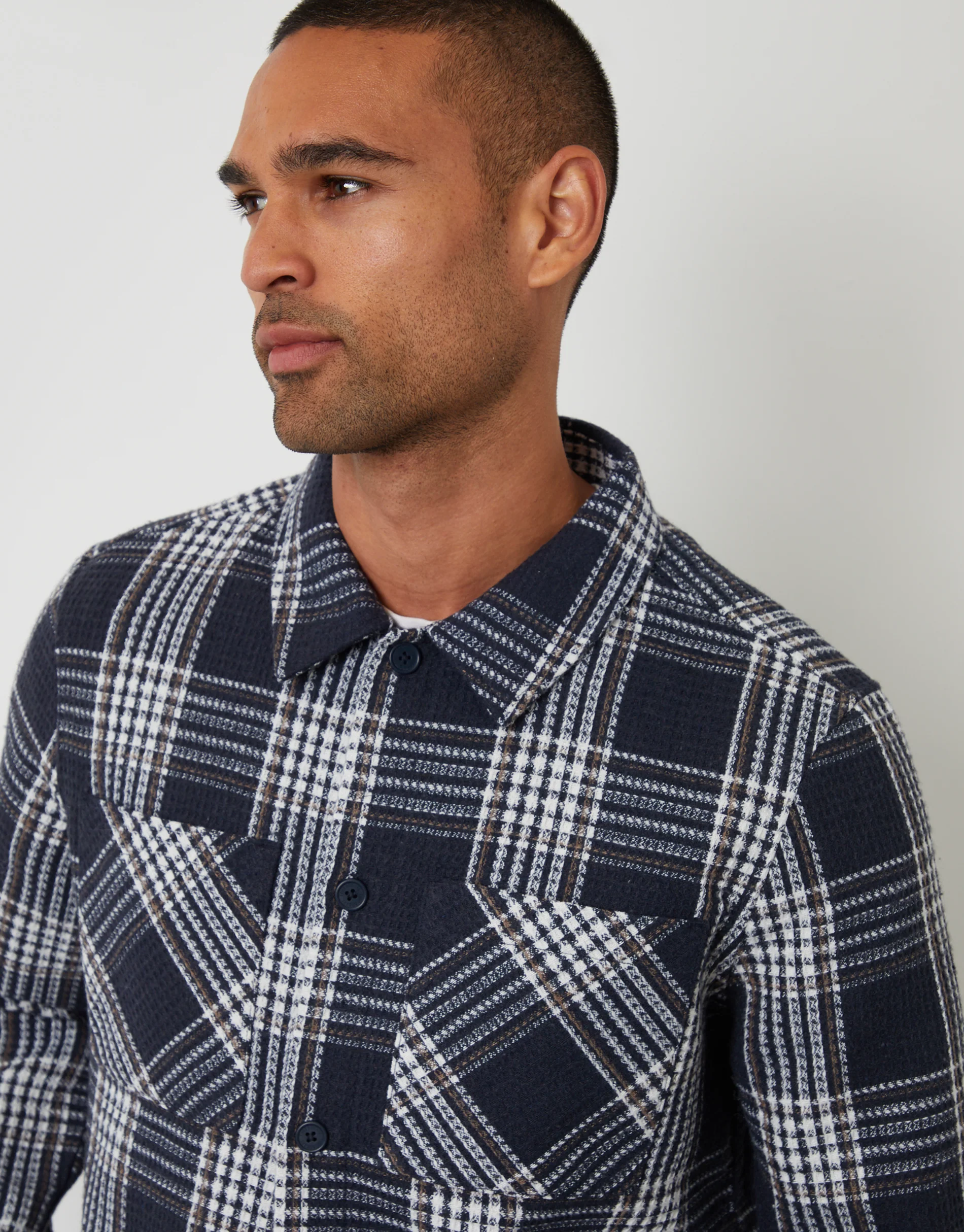 Waffle Textured Shacket in Navy Check - Image 4