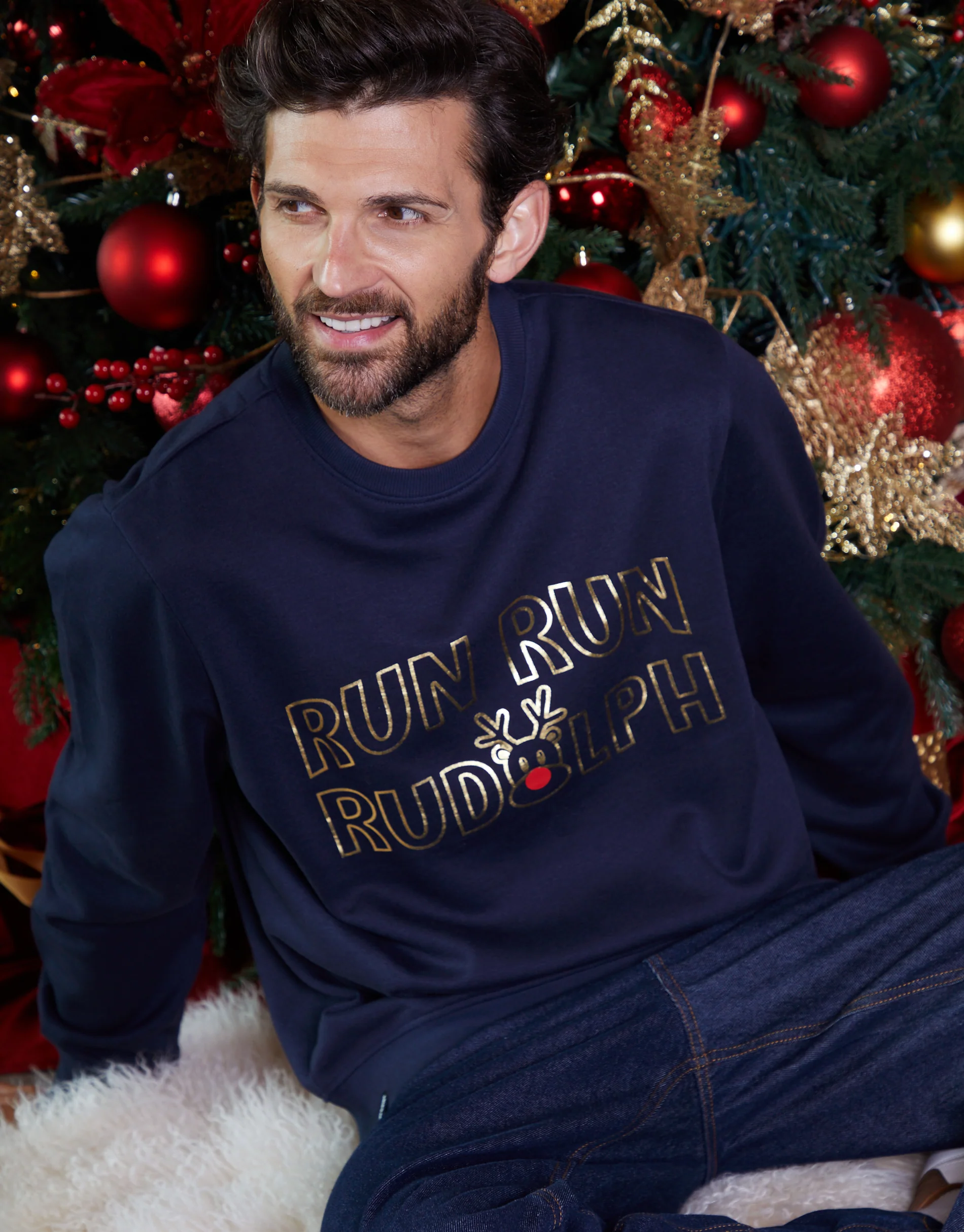 Christmas Graphic Print Crew Neck Sweatshirt in Navy