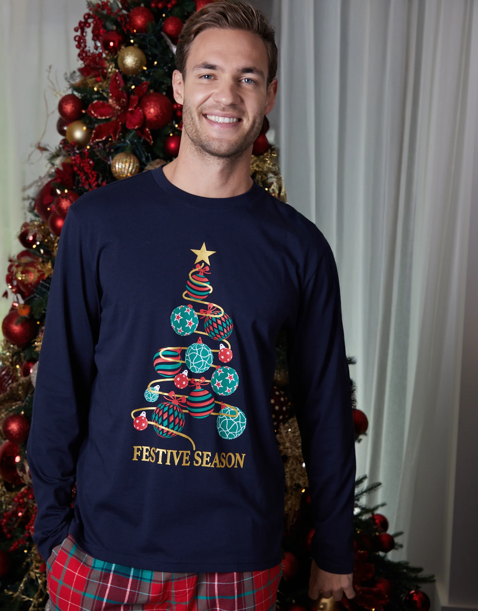 Christmas Tree Graphic Long Pyjama Set in Navy - Image 3