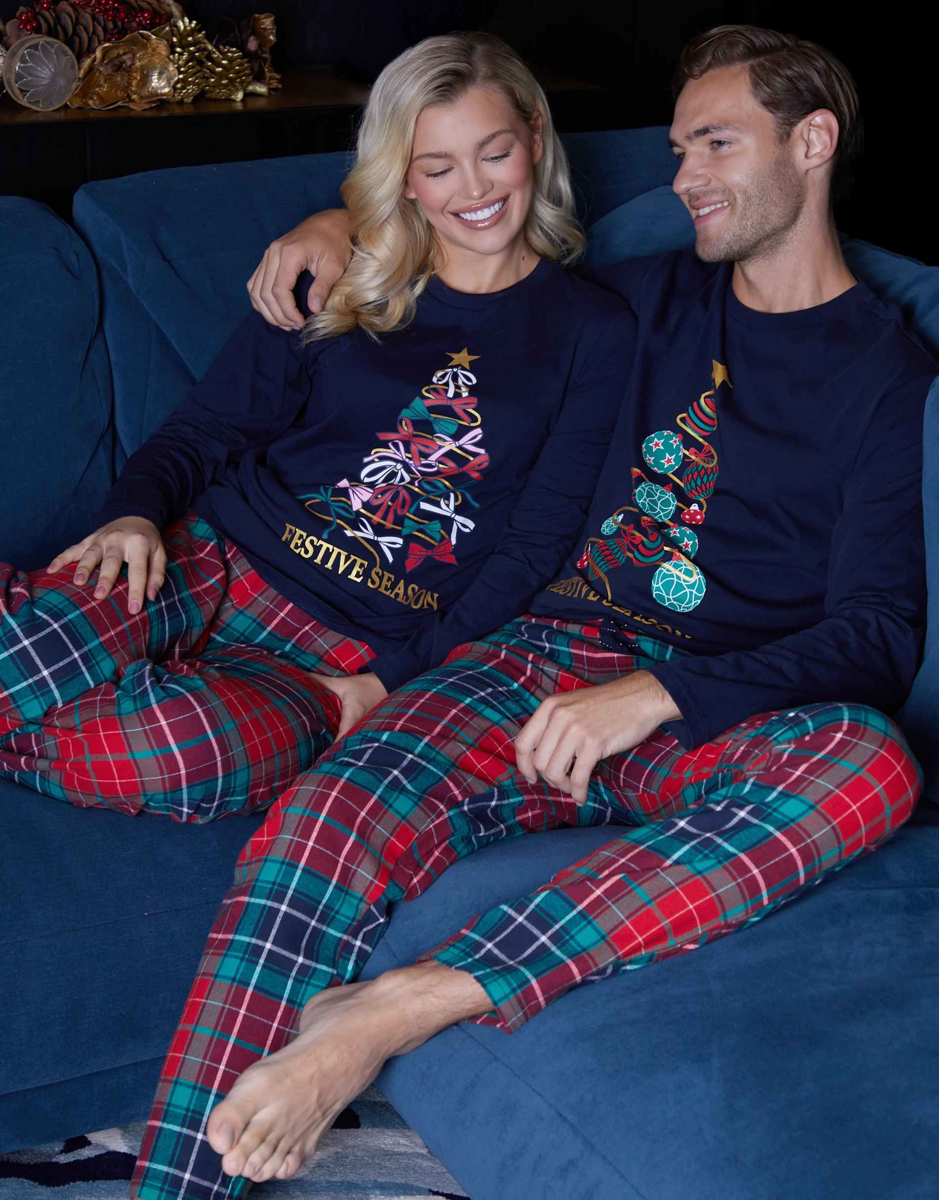 Christmas Tree Graphic Long Pyjama Set in Navy - Image 5
