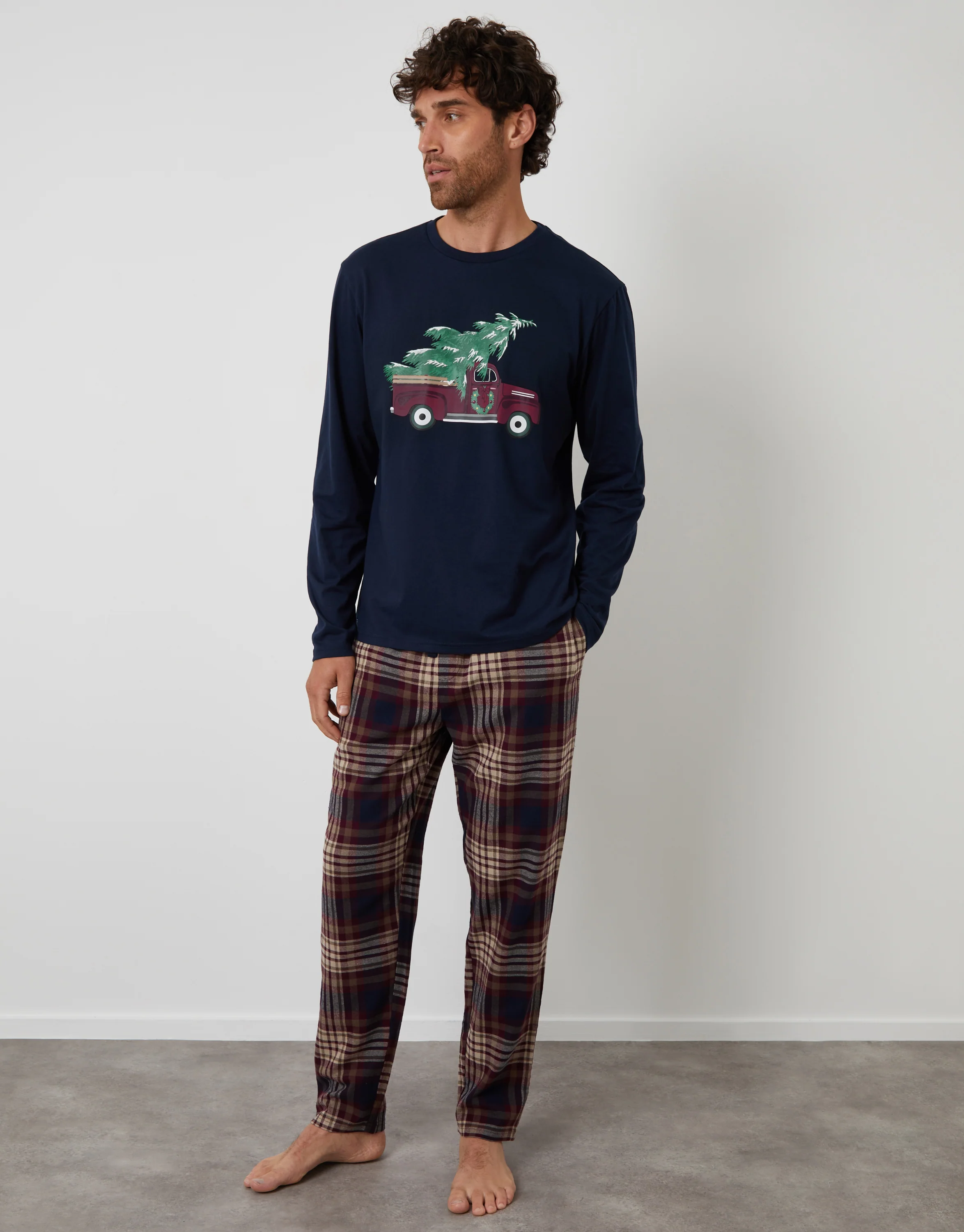 Christmas Truck Graphic Long Pyjama Set in Navy - Image 4
