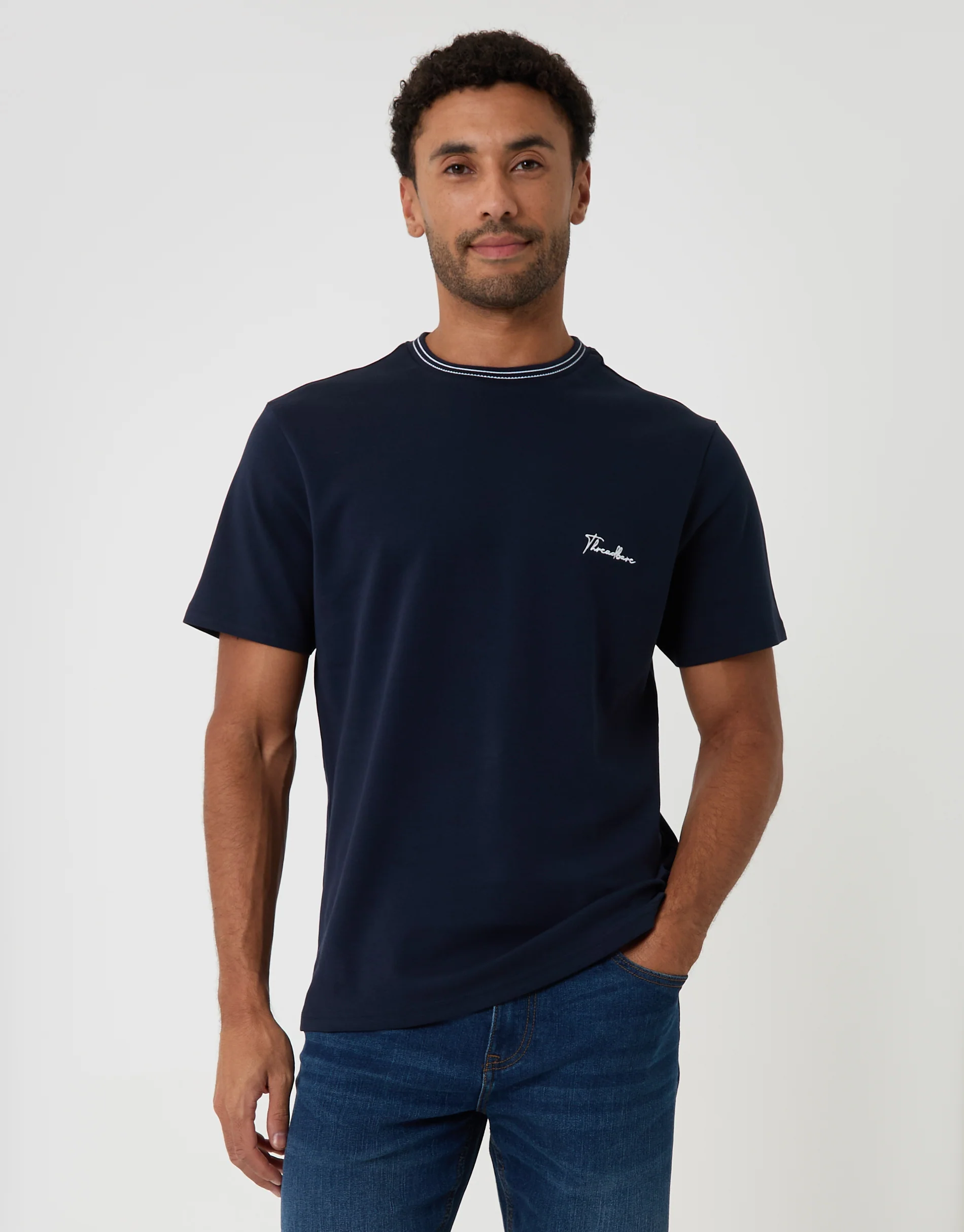 Cotton Crew Neck Script T-Shirt in Navy