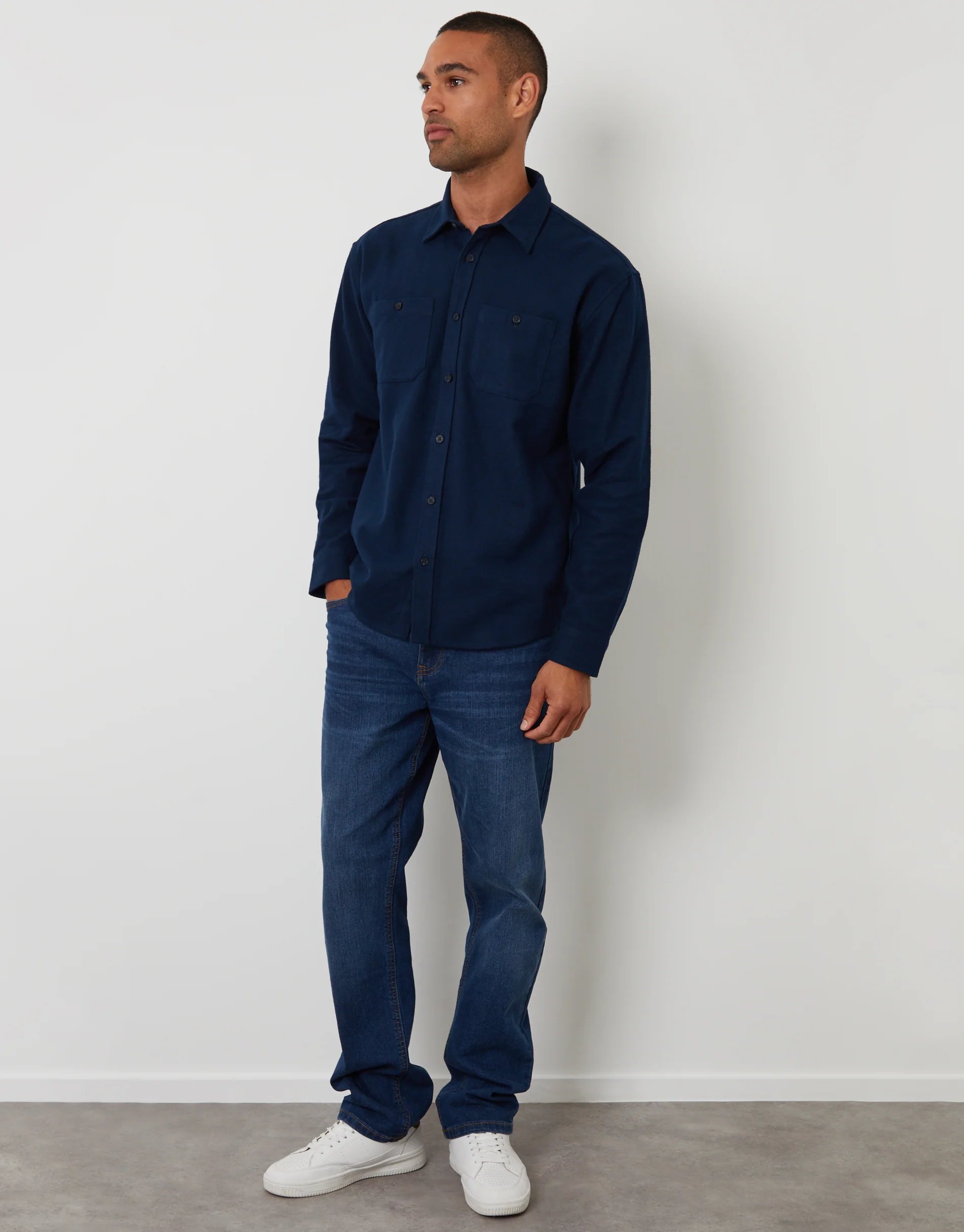 Relaxed Fit Cotton Flannel Shirt in Navy - Image 3