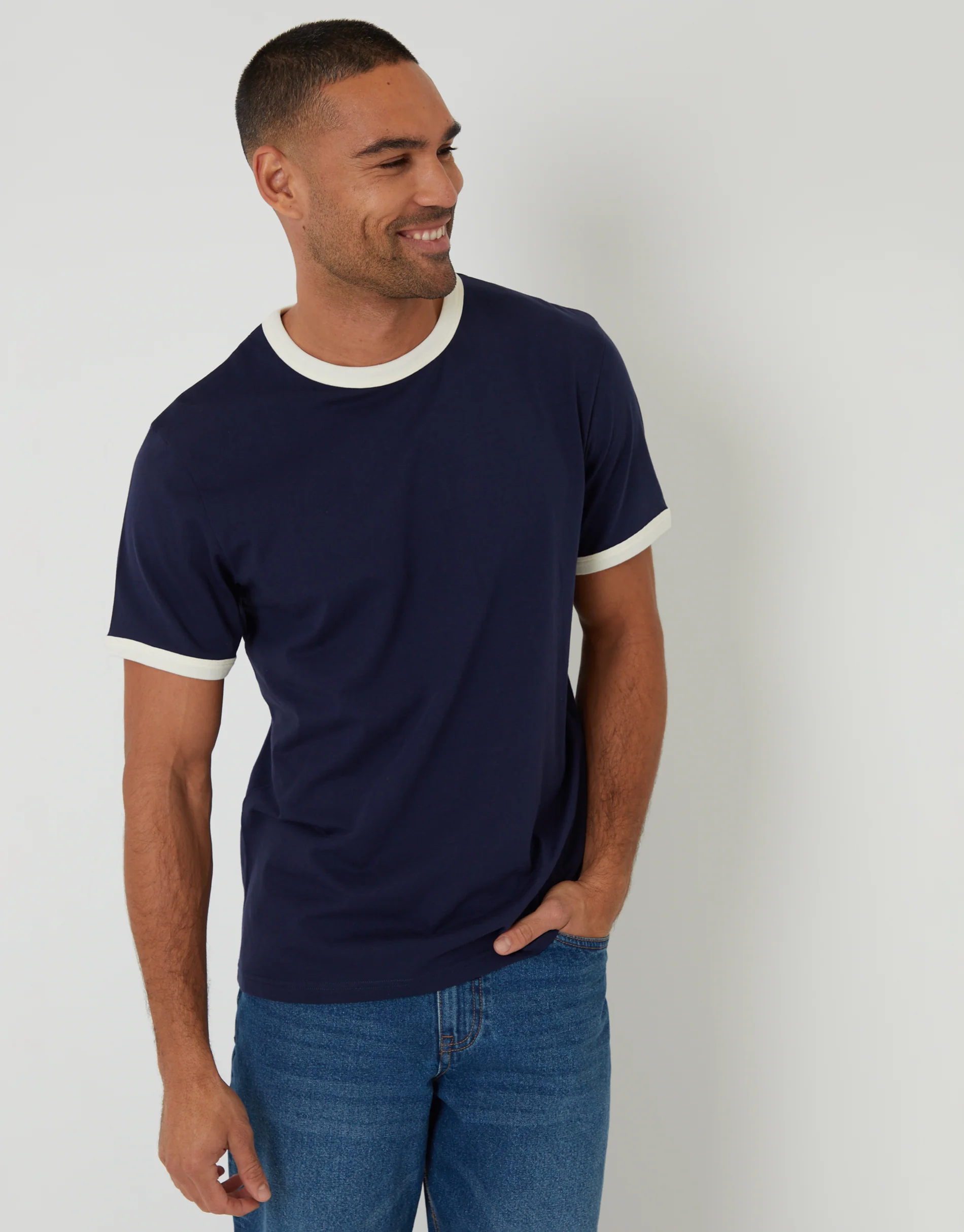 Cotton Ringer T-Shirt in Navy