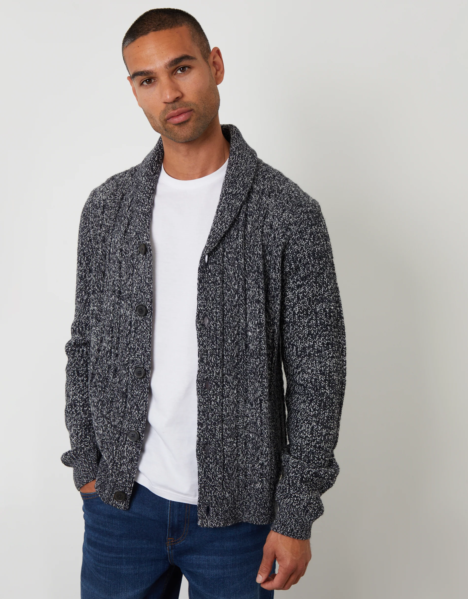 Cable Knit Shawl Cardigan in Navy & Ecru