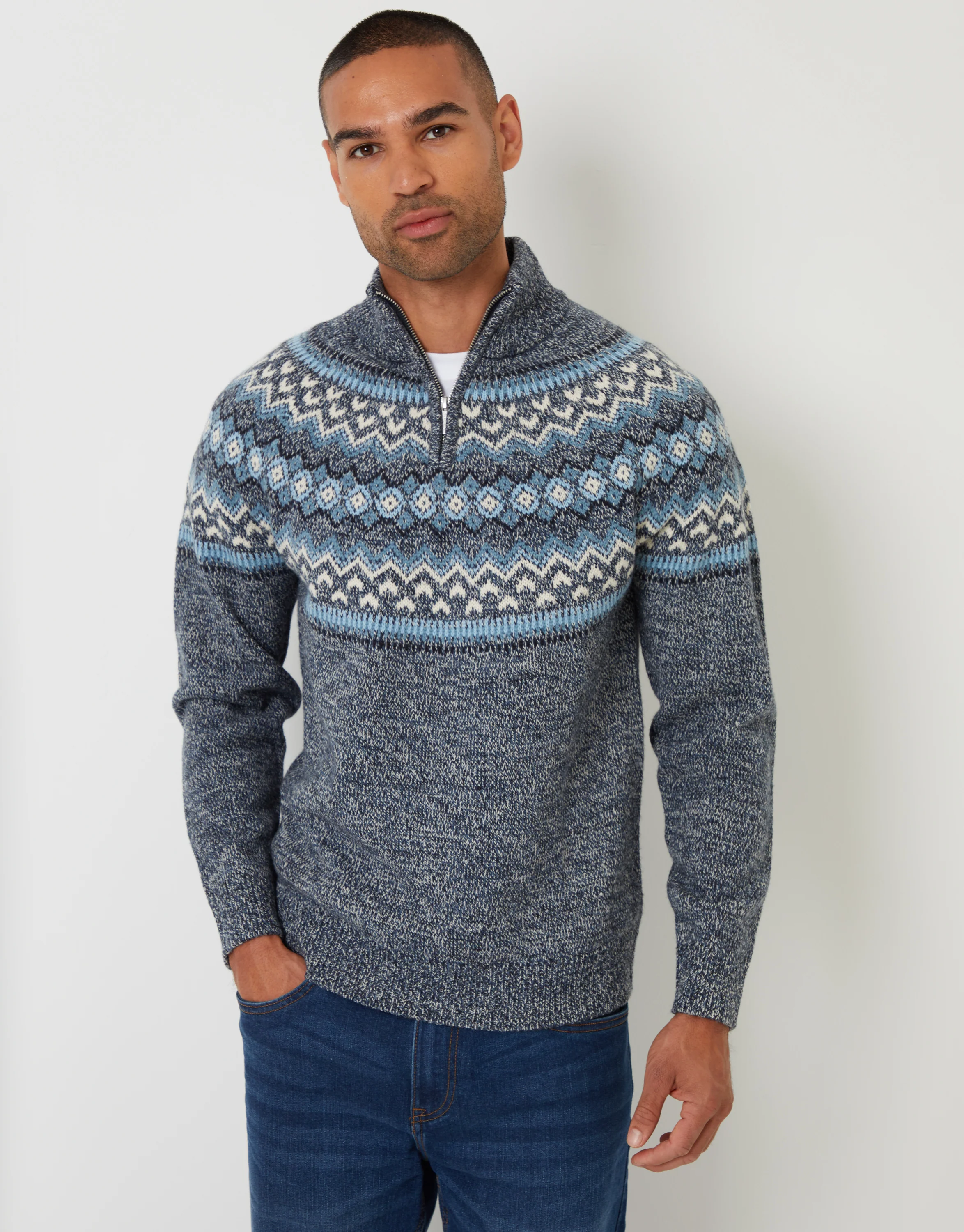 Fairisle Knitted Quarter Zip Jumper in Navy