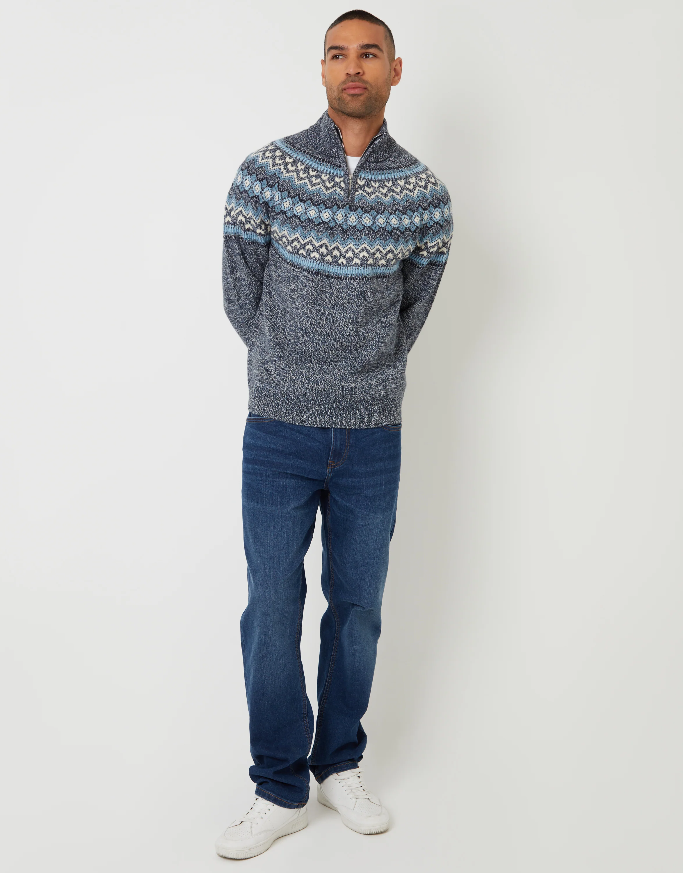 Fairisle Knitted Quarter Zip Jumper in Navy - Image 3