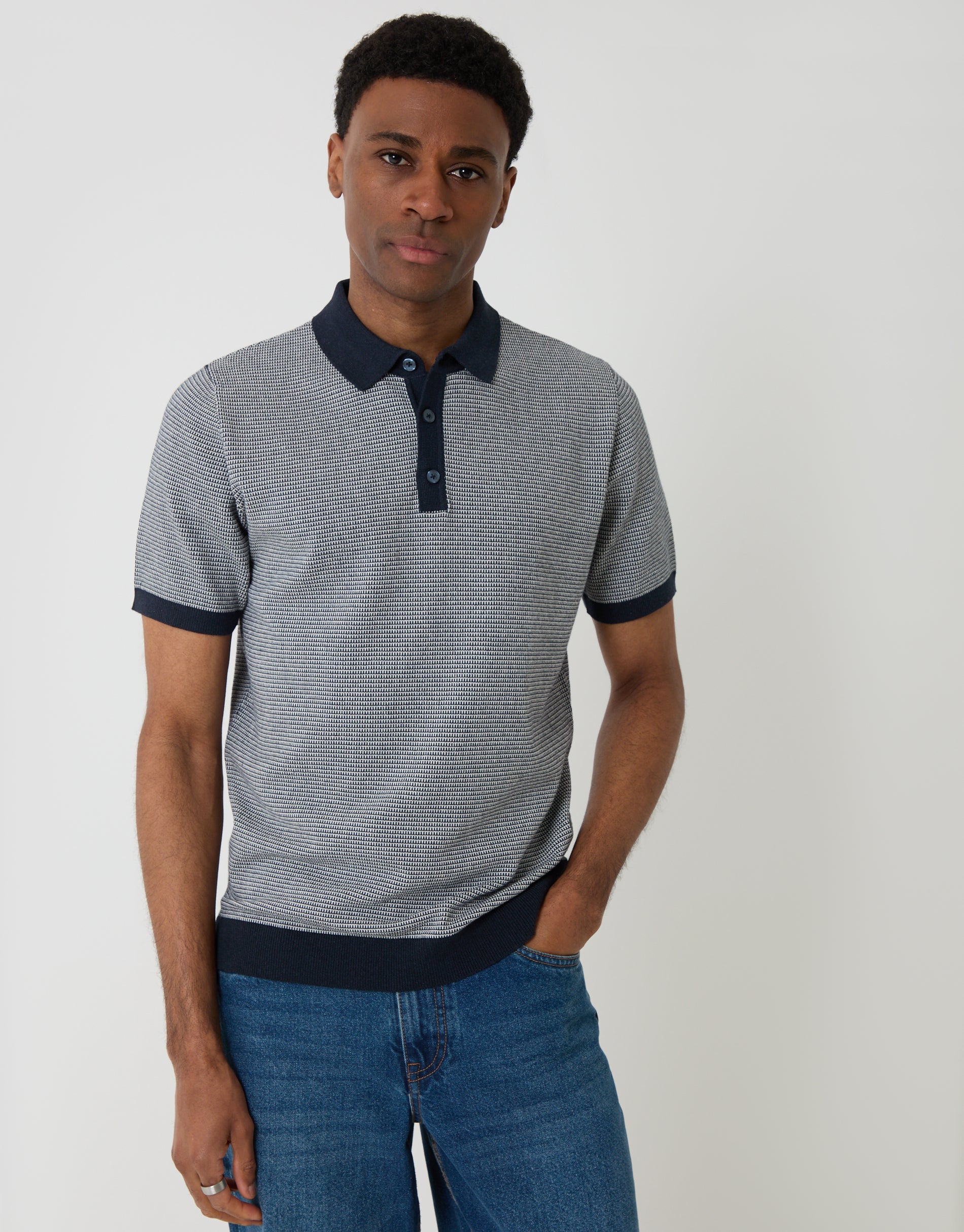 Fairisle Knitted Short Sleeve Polo in Navy
