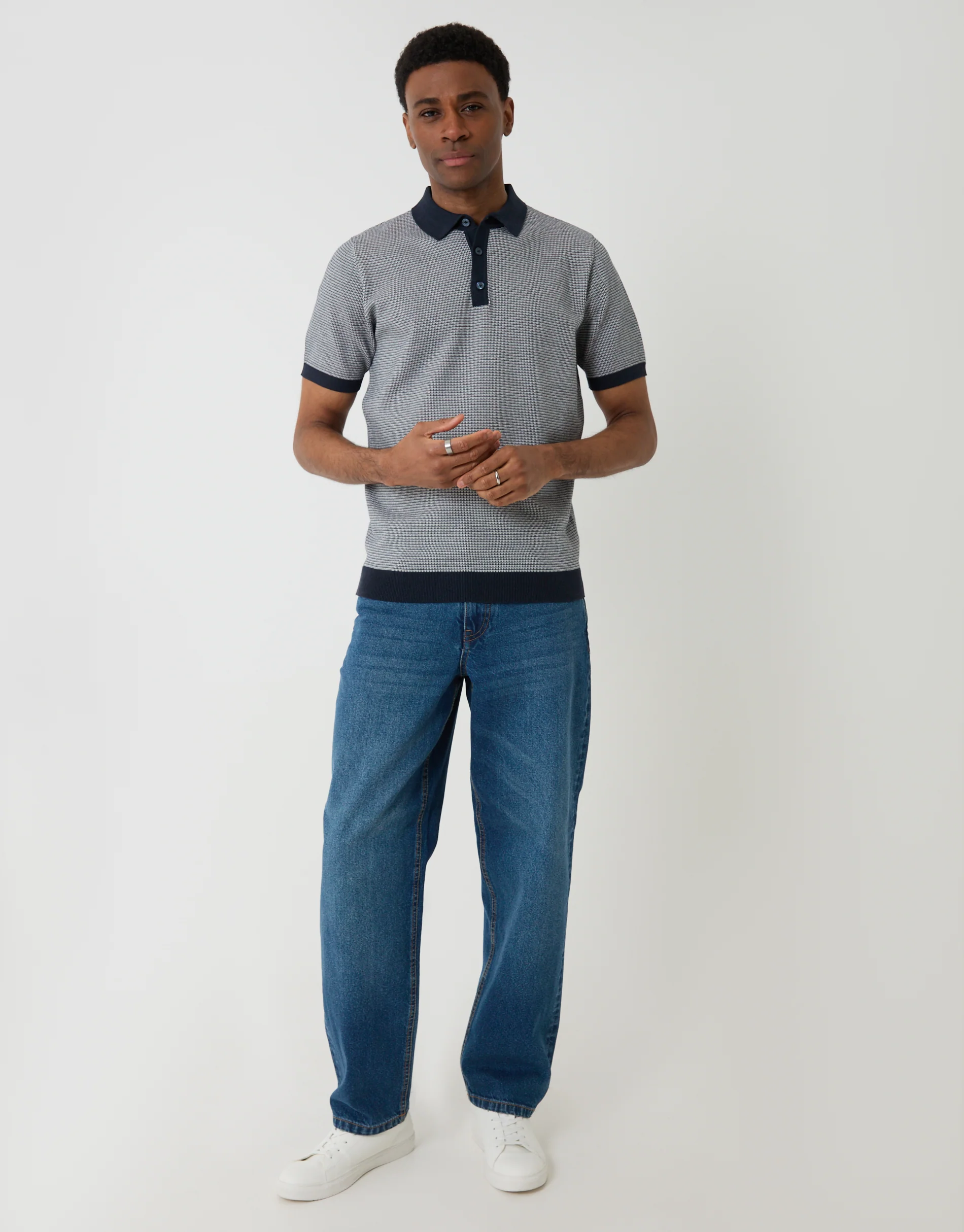 Fairisle Knitted Short Sleeve Polo in Navy - Image 2