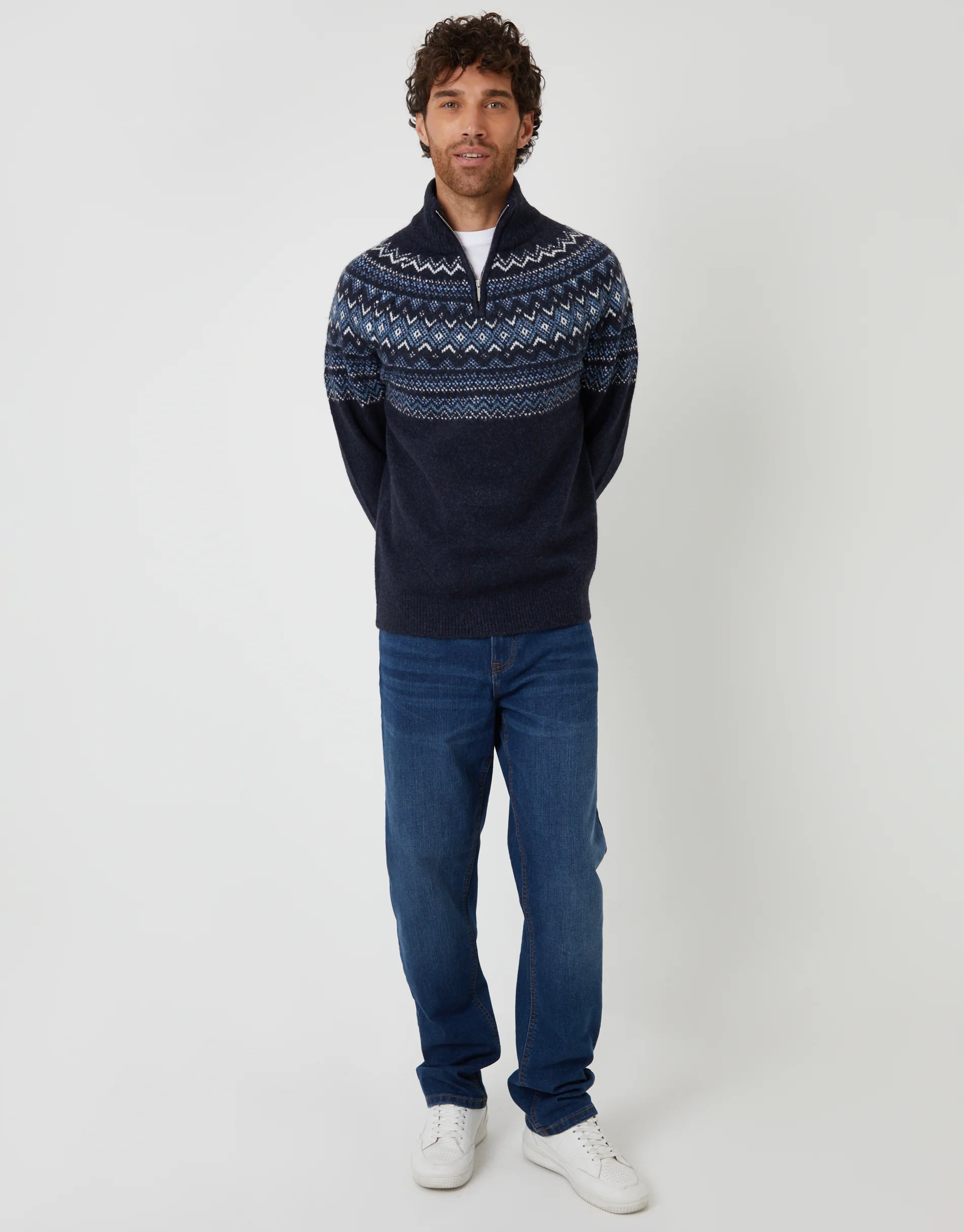 Fairisle Quarter Zip Knitted Jumper in Navy - Image 3