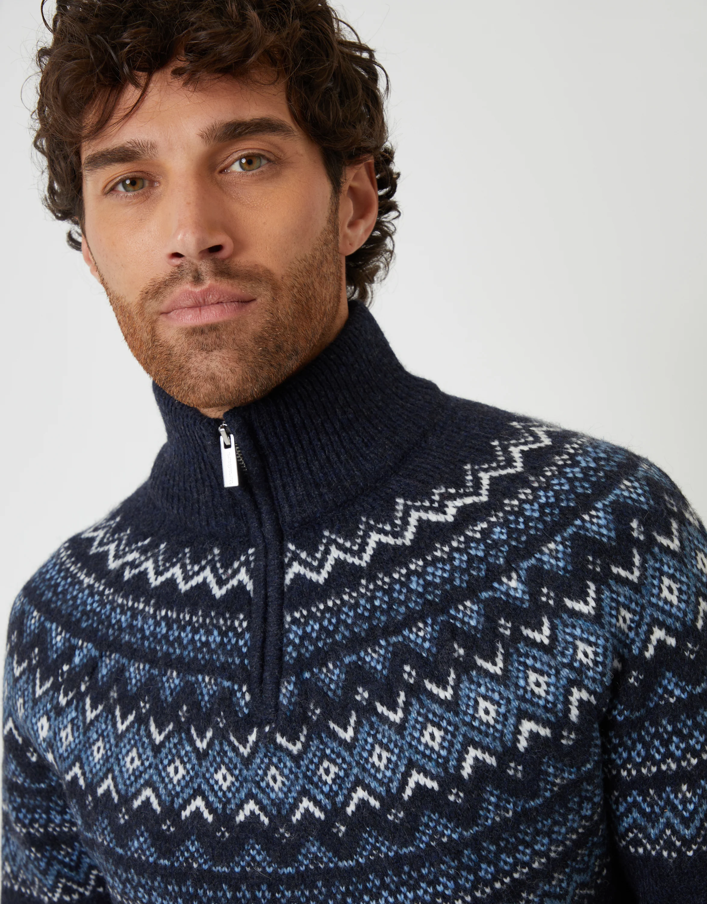 Fairisle Quarter Zip Knitted Jumper in Navy - Image 4