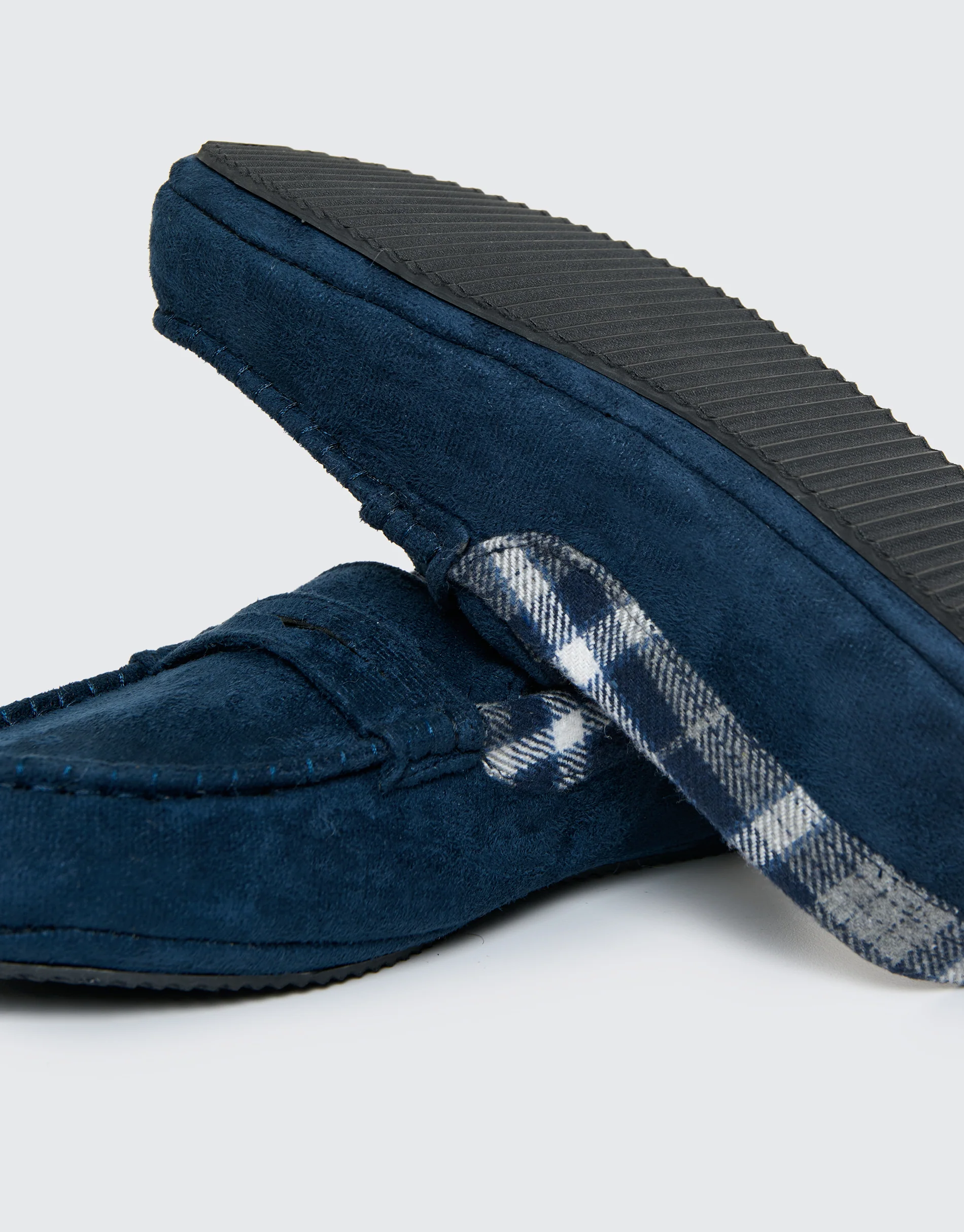 Faux Suede Fabric Trim Moccasin Slippers in Navy - Image 5