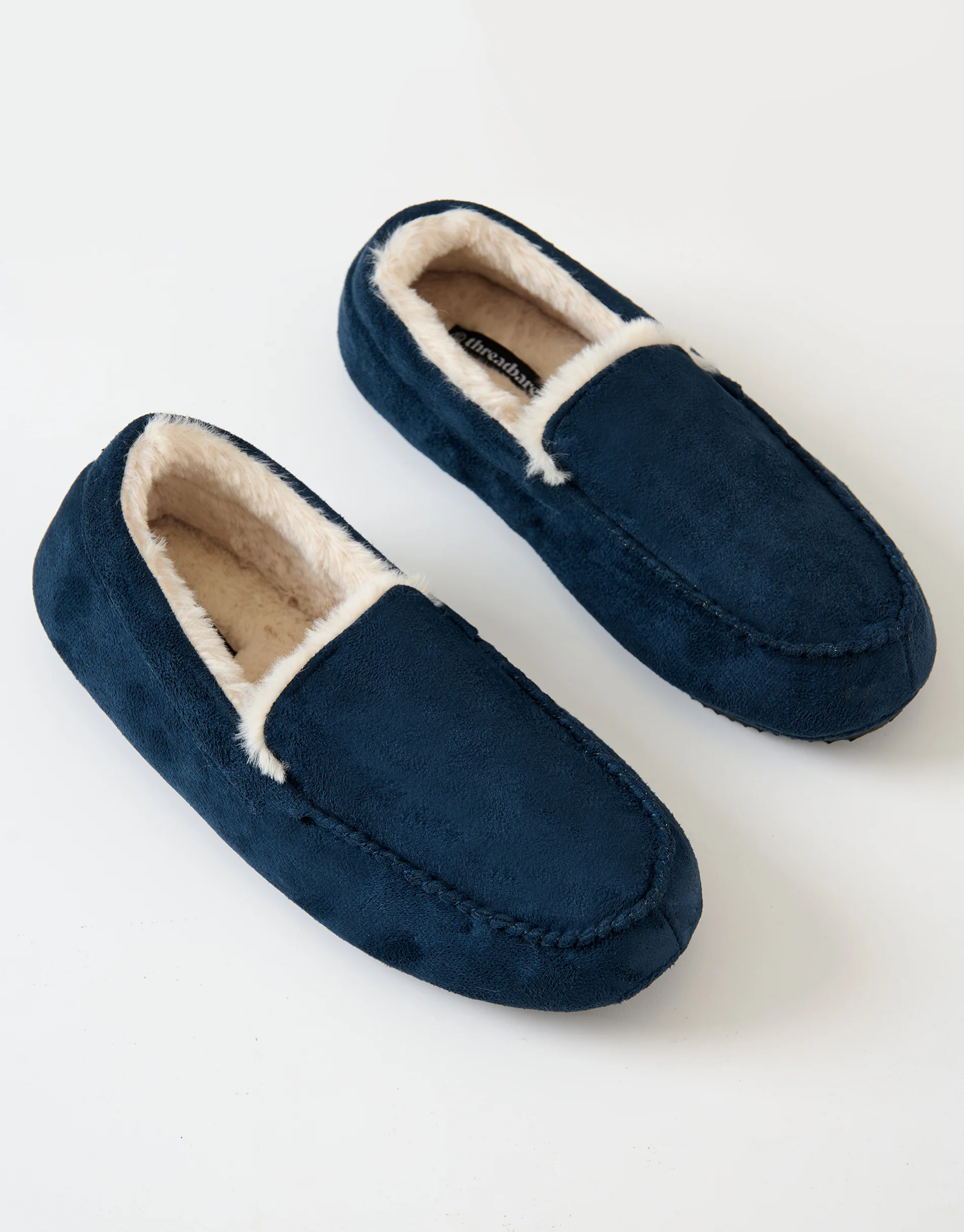 Faux Suede Faux Fur Lined Moccasin Slippers in Navy - Image 2