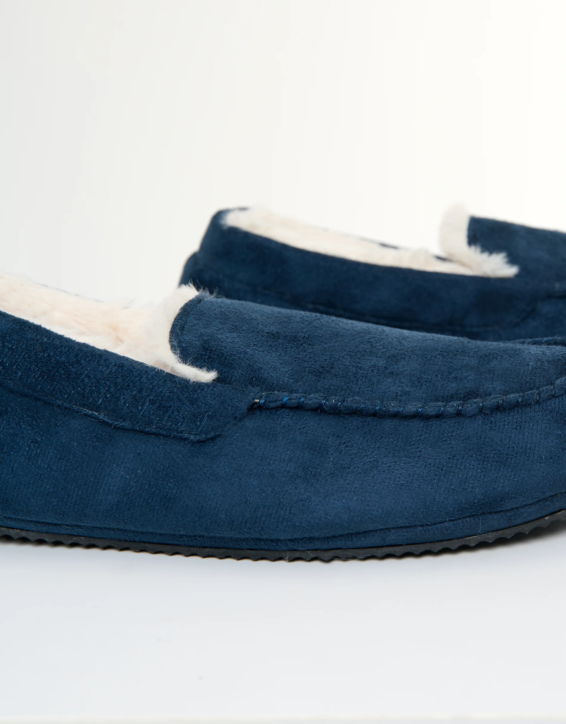 Faux Suede Faux Fur Lined Moccasin Slippers in Navy - Image 3