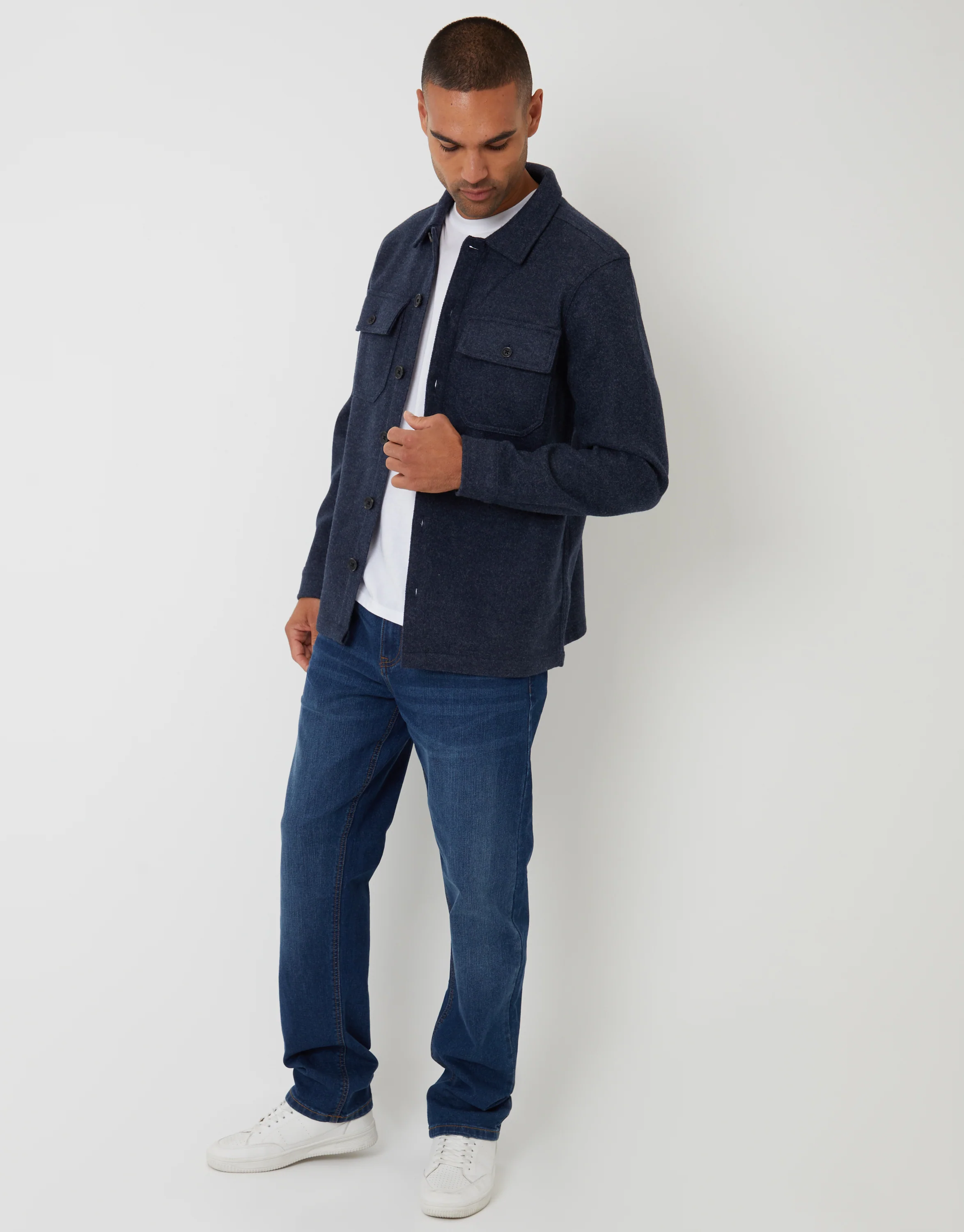 Faux Wool Button Up Shacket in Navy - Image 3