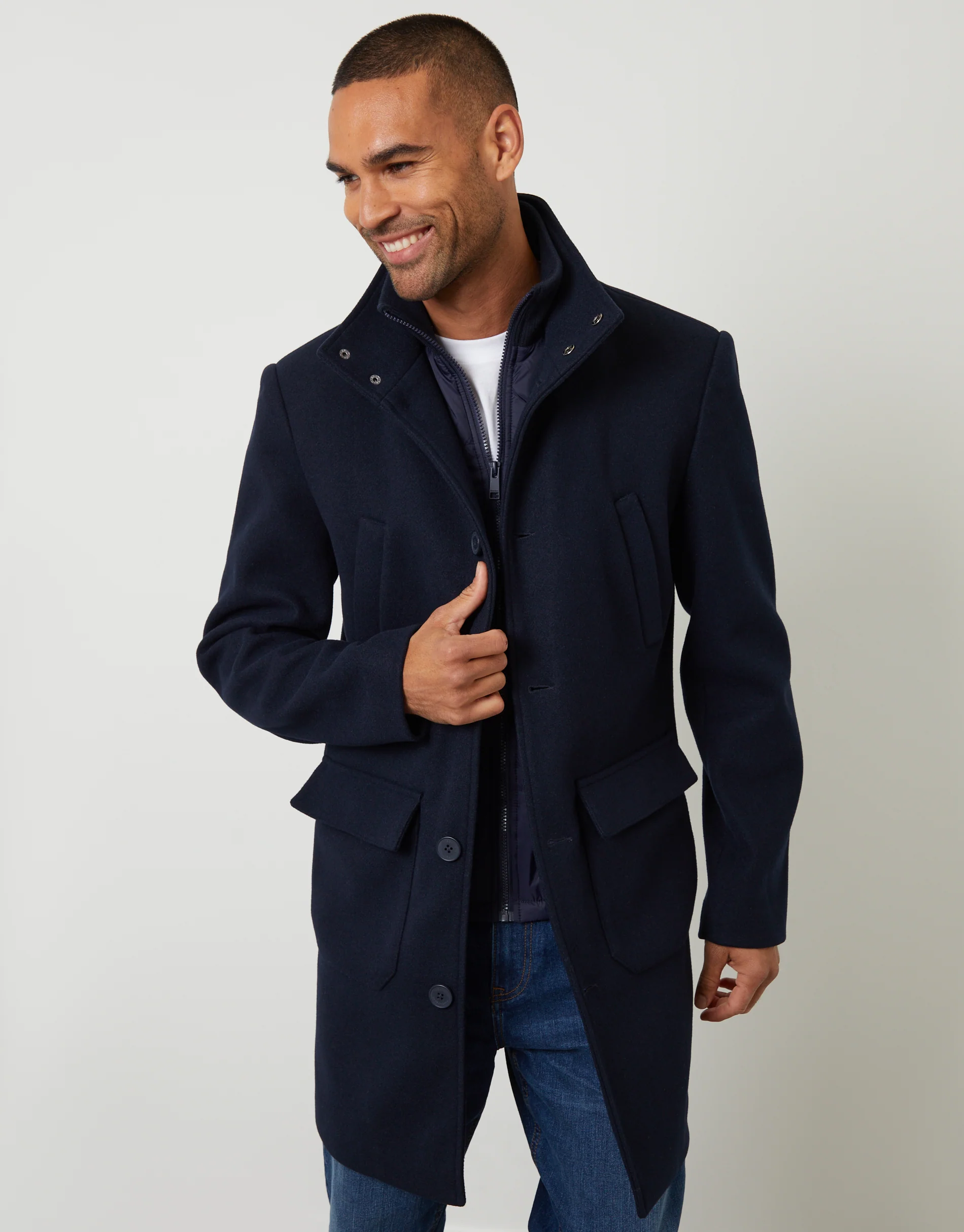 Faux Wool Mock Layer Longline Utility Coat in Navy