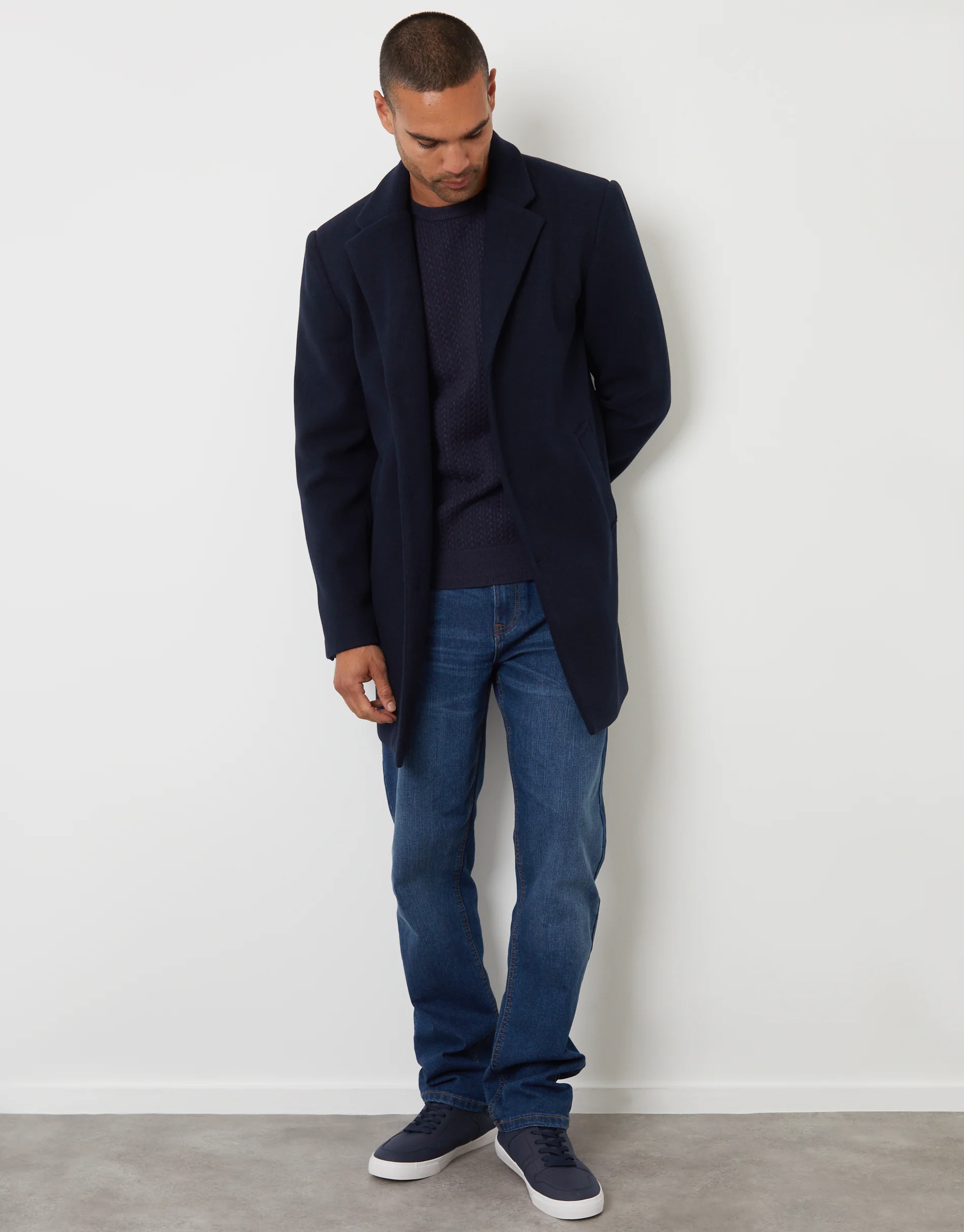 Faux Wool Overcoat in Navy - Image 3