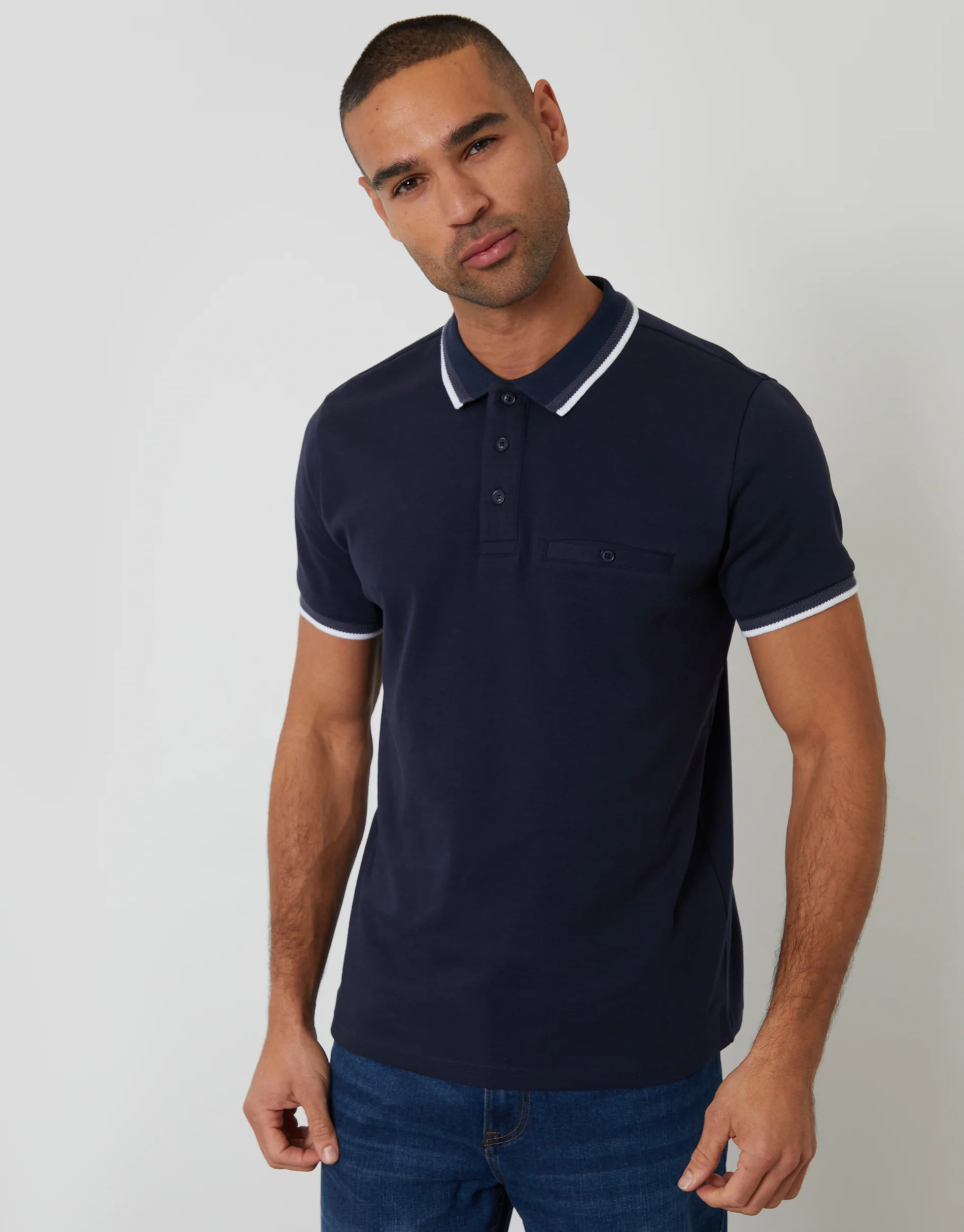 Jetted Pocket Cotton Interlock Polo Shirt in Navy