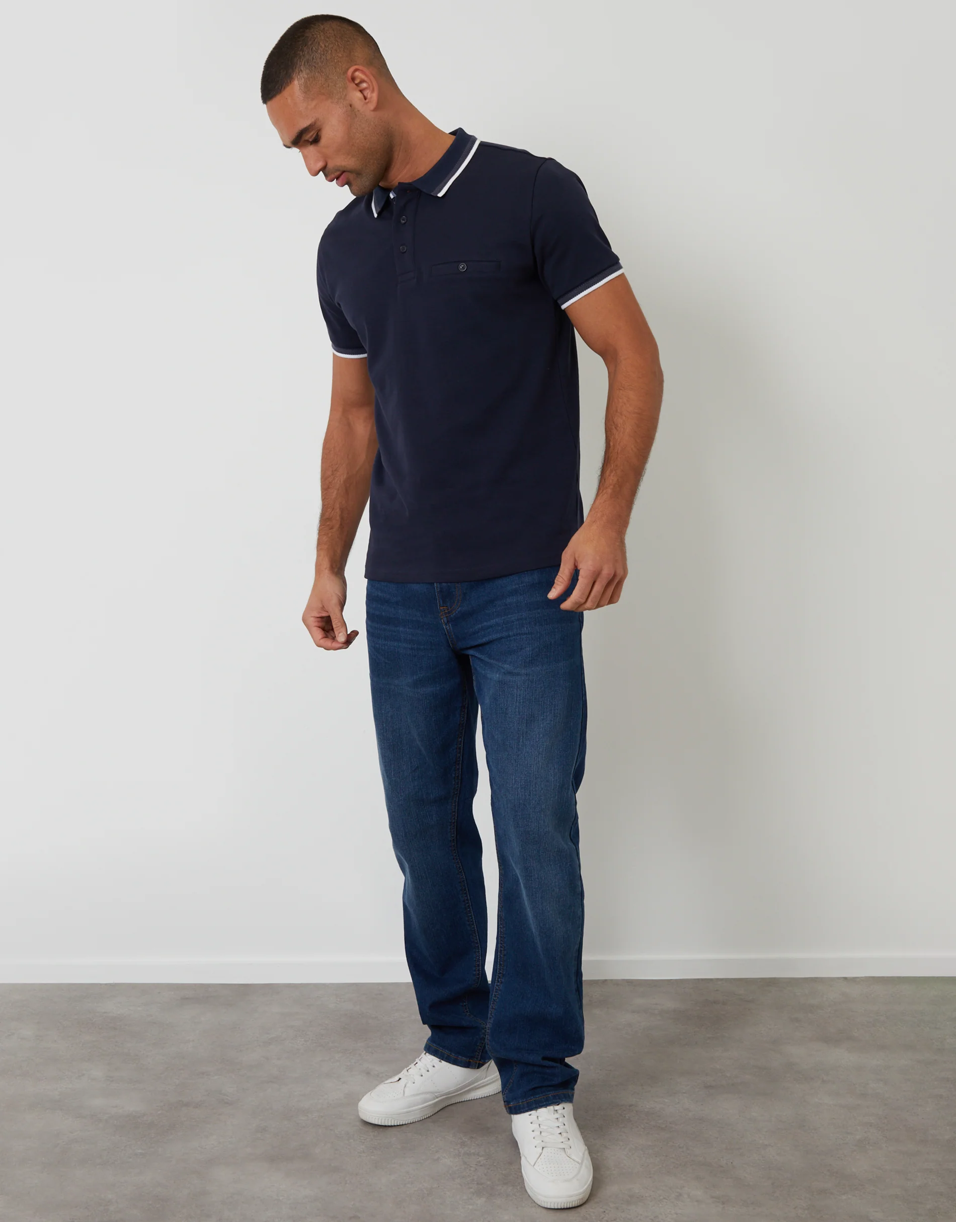 Jetted Pocket Cotton Interlock Polo Shirt in Navy - Image 3