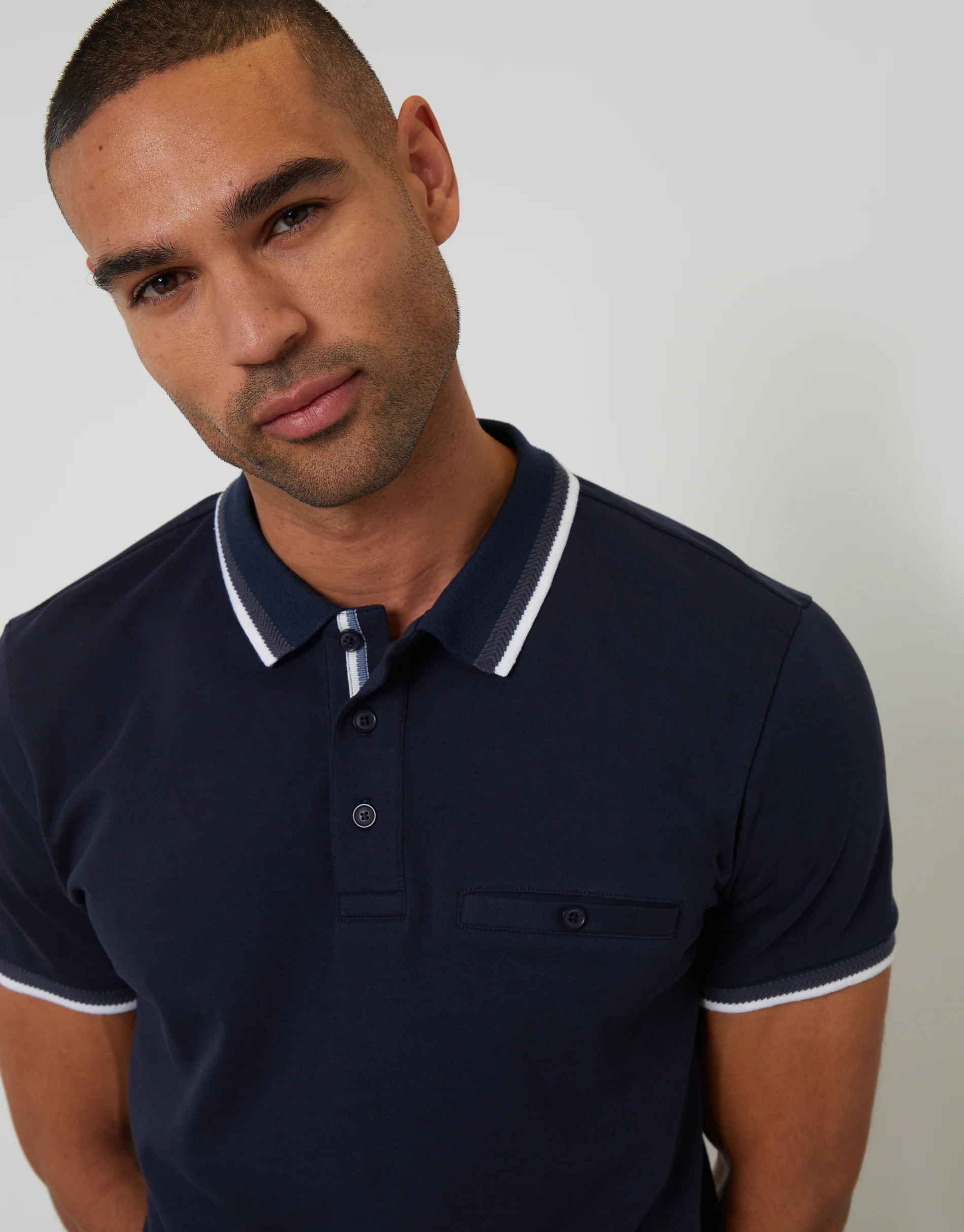 Jetted Pocket Cotton Interlock Polo Shirt in Navy - Image 4