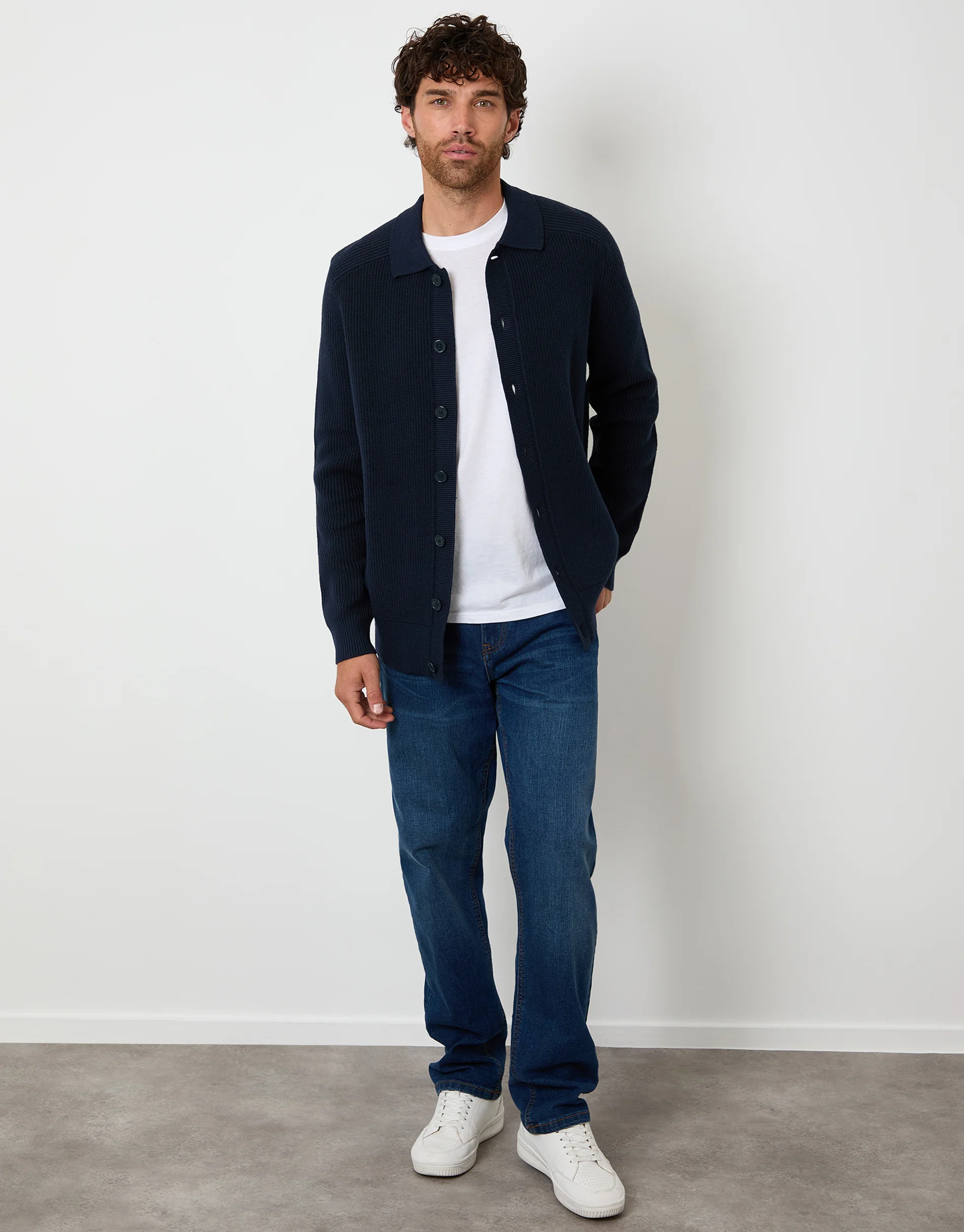Knitted Collared Cardigan Jacket in Navy - Image 3