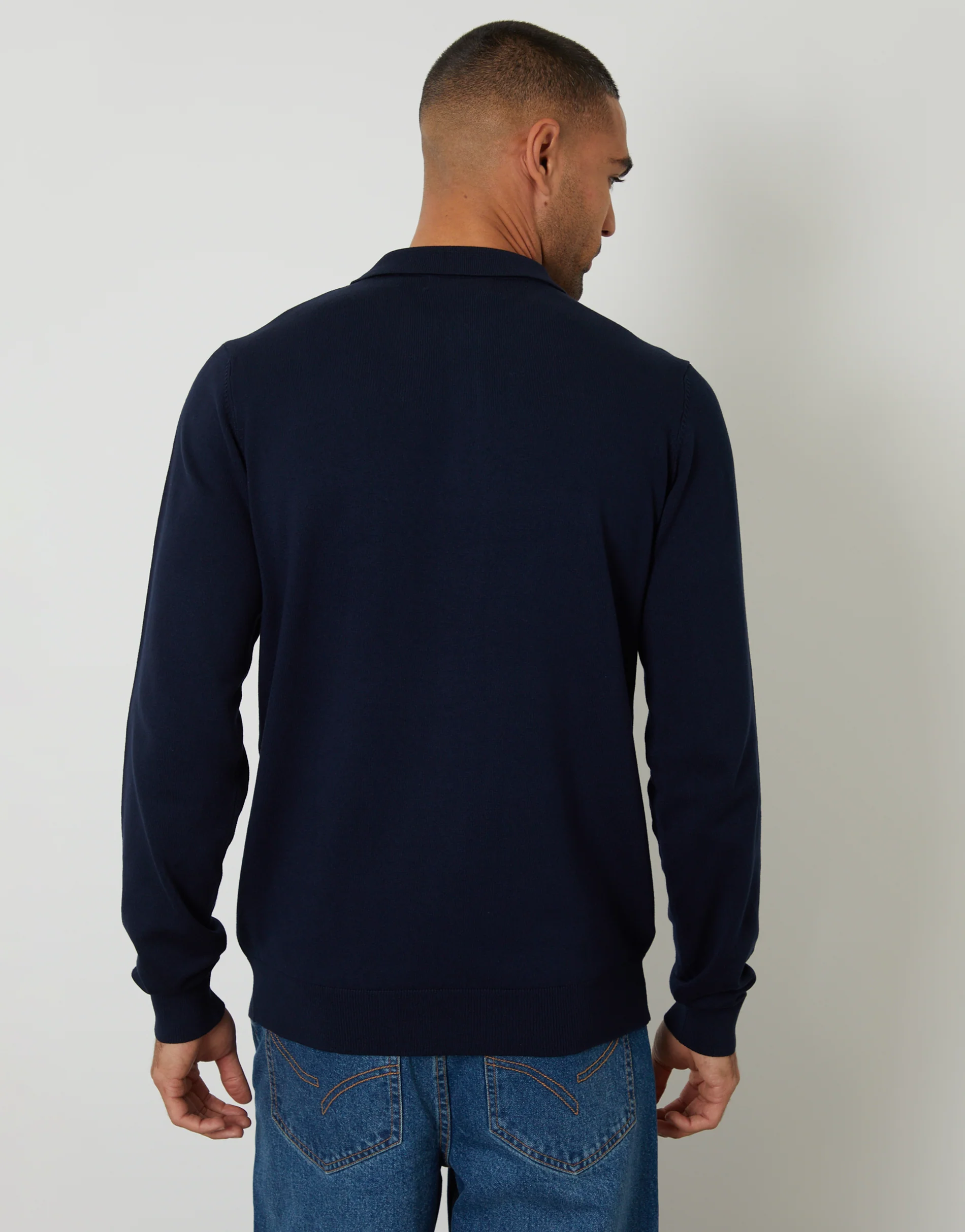 Knitted Long Sleeve Polo Jumper in Navy - Image 2