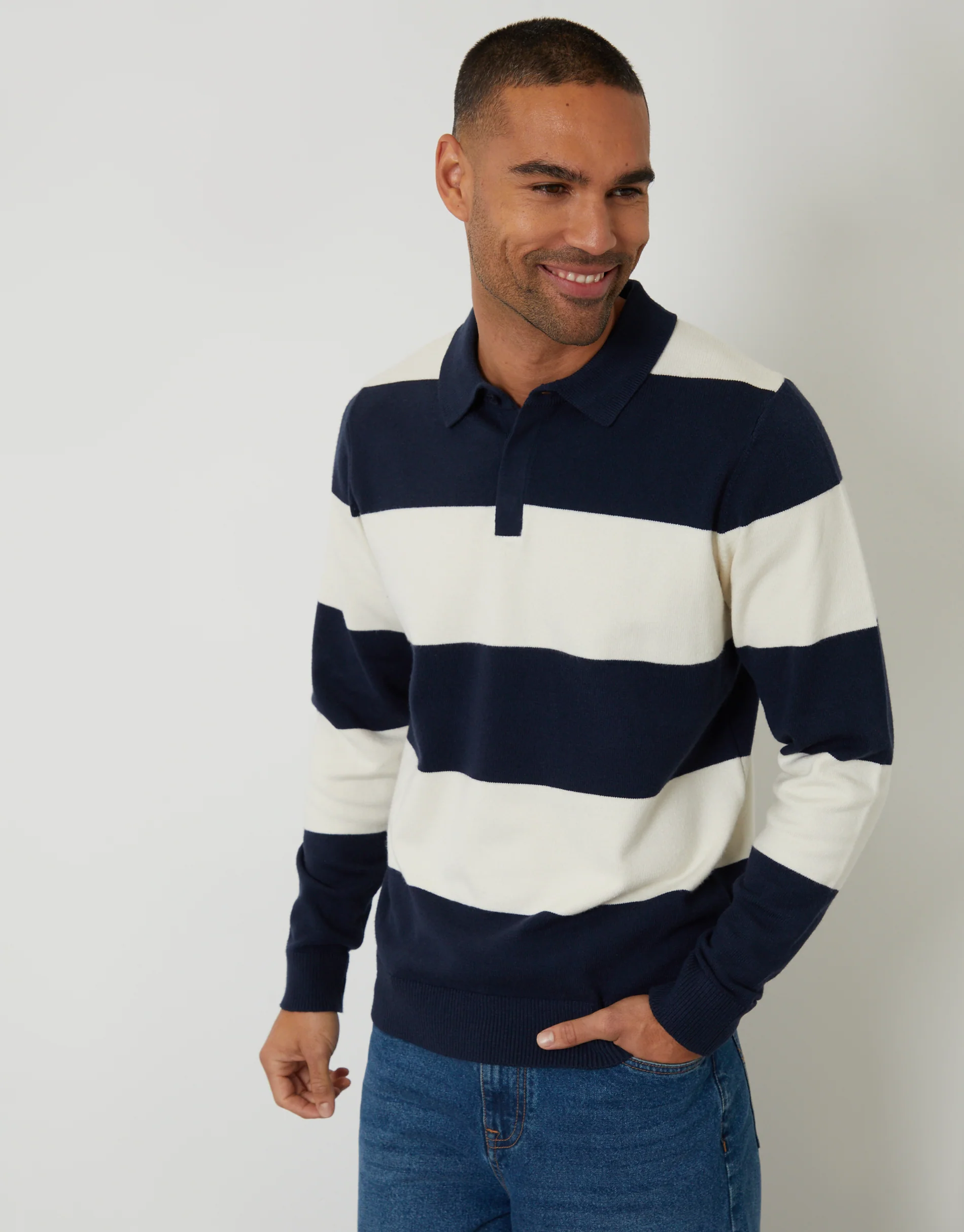 Knitted Long Sleeve Rugby Polo in Navy Stripe