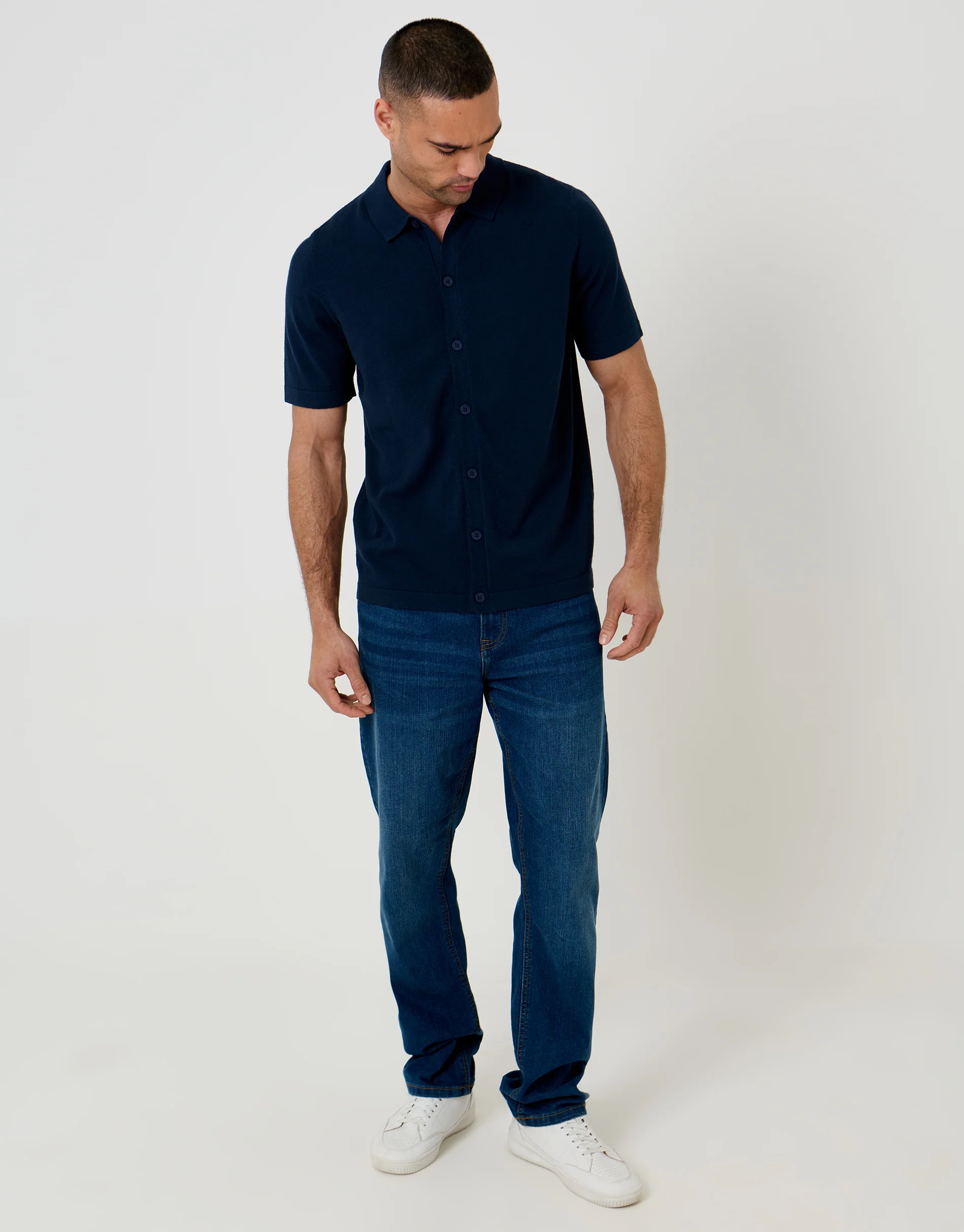 Knitted Short Sleeve Shirt in Navy - Image 3