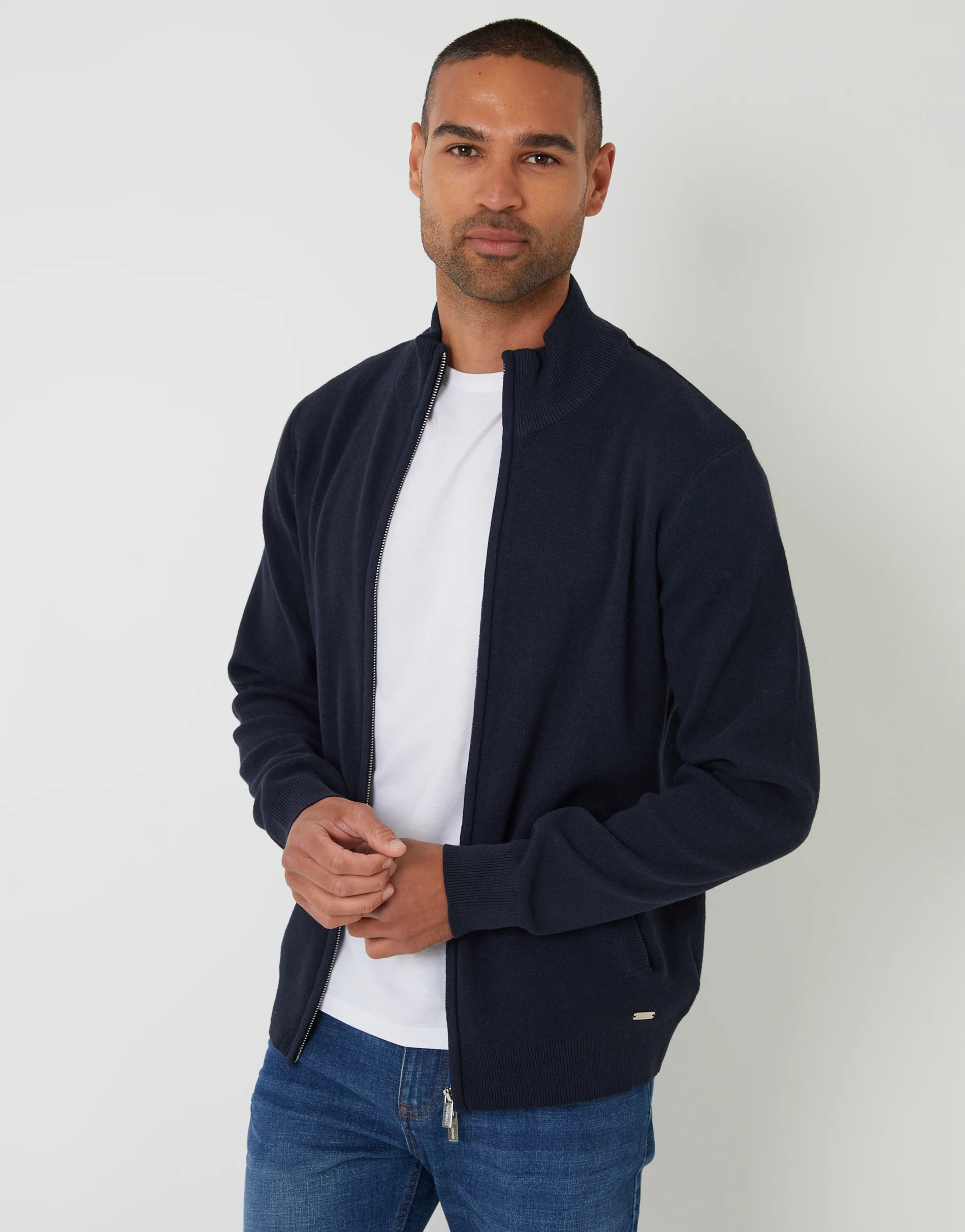 Knitted Zip Up Funnel Neck Cardigan in Navy