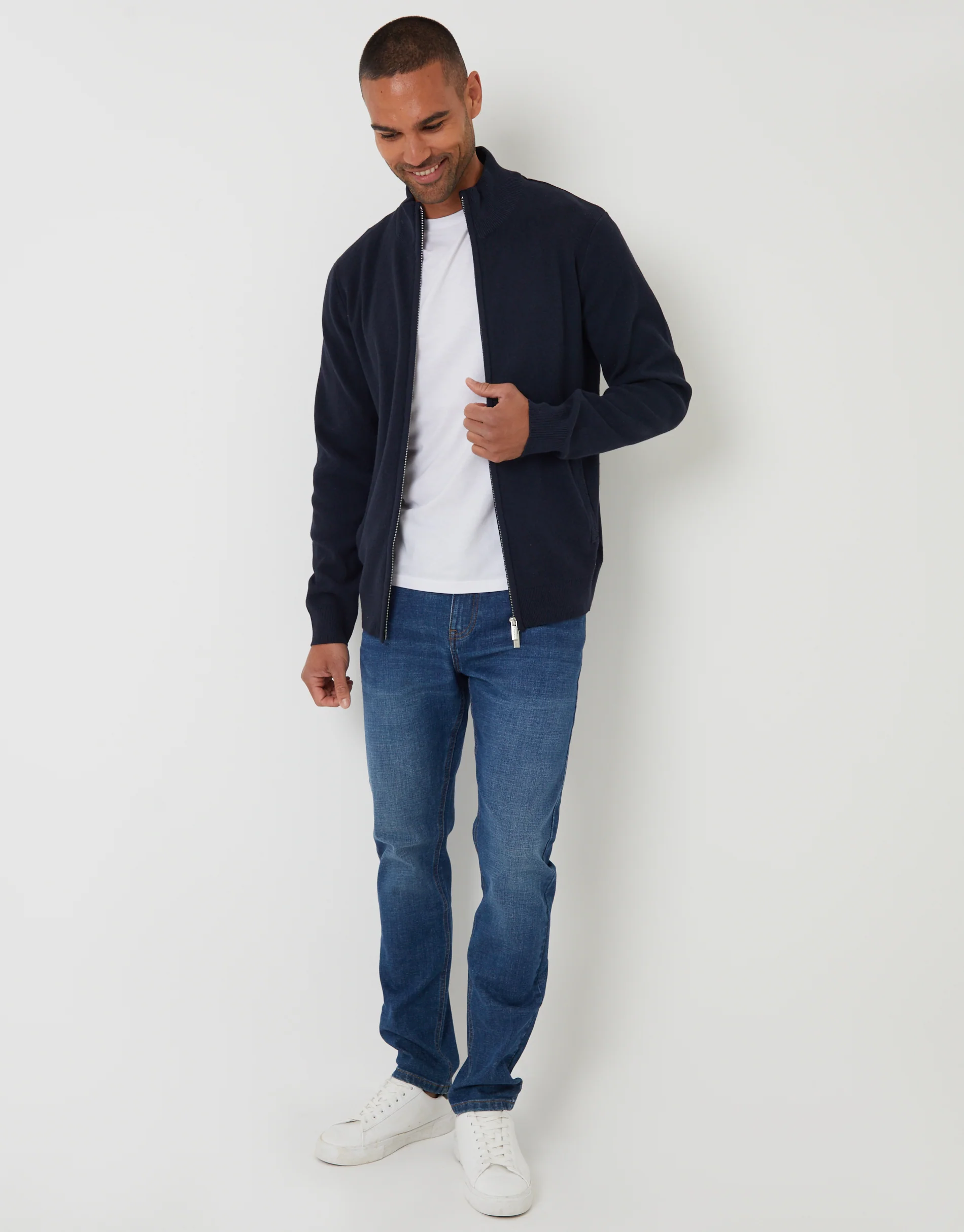 Knitted Zip Up Funnel Neck Cardigan in Navy - Image 3