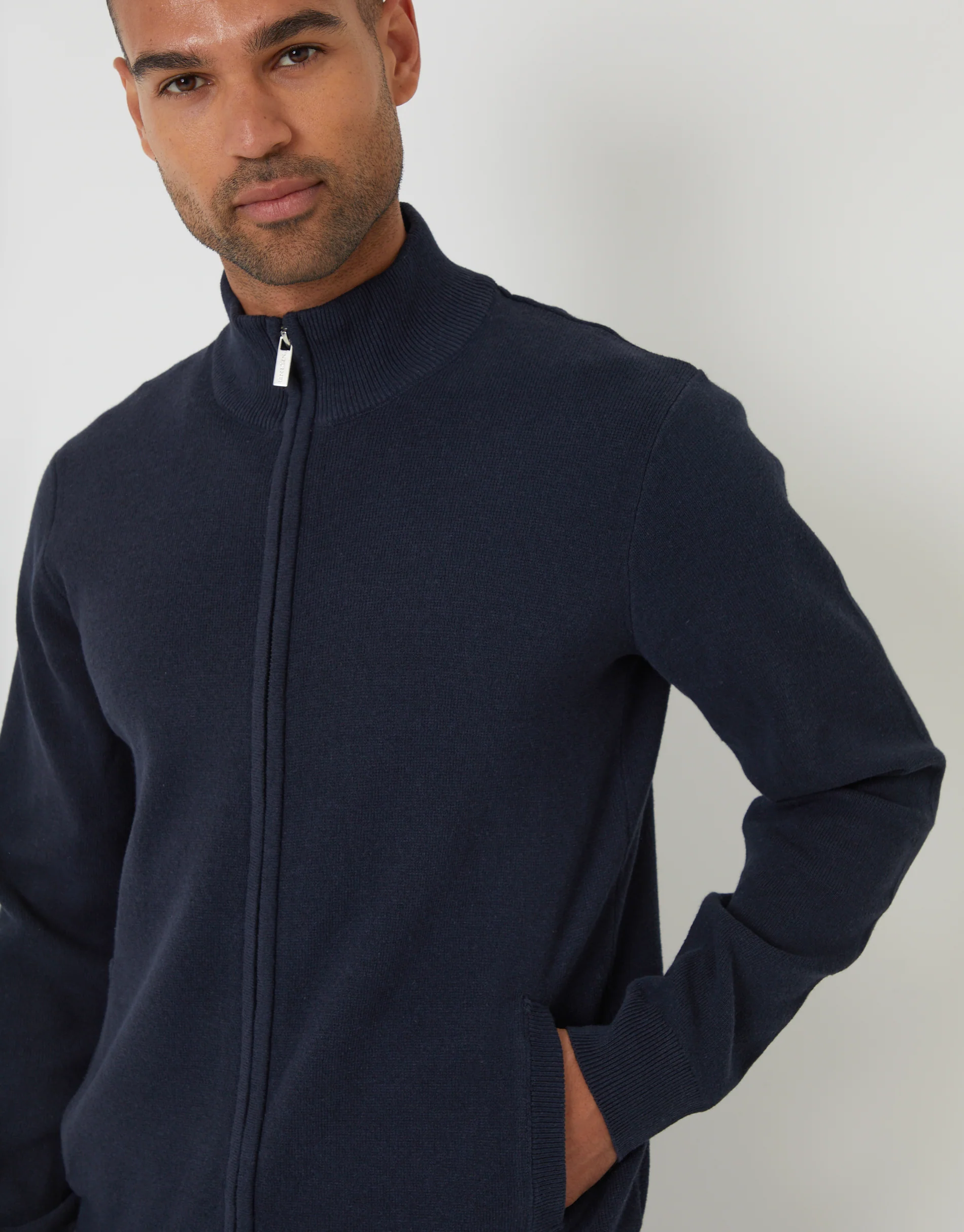 Knitted Zip Up Funnel Neck Cardigan in Navy - Image 4
