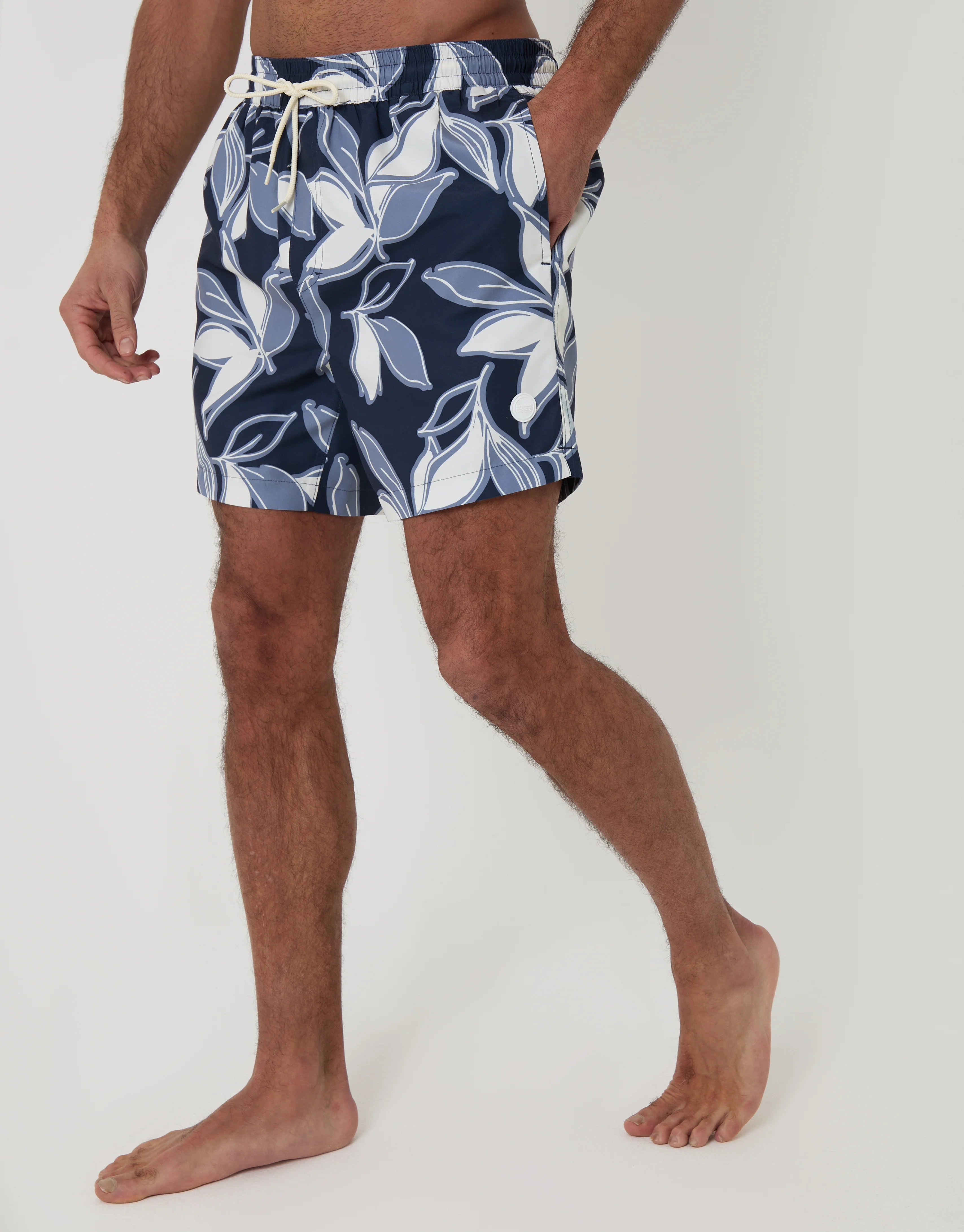 Leaf Print Quick Dry Swim Shorts in Navy