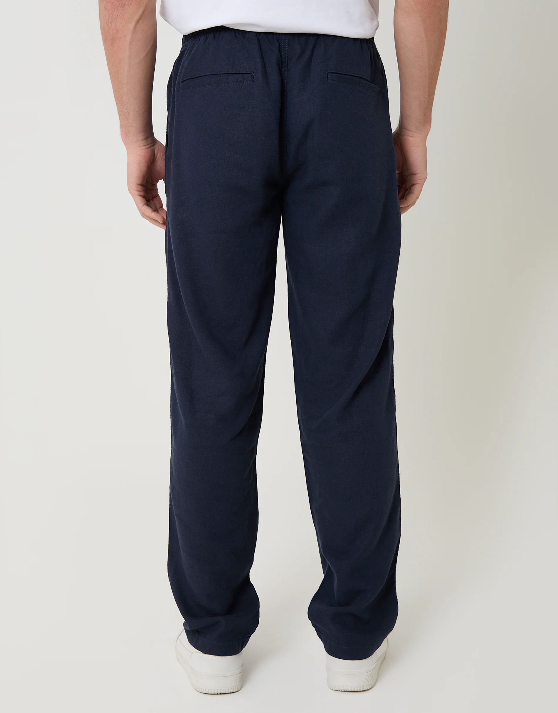 Linen Blend Drawcord Trousers in Navy - Image 3