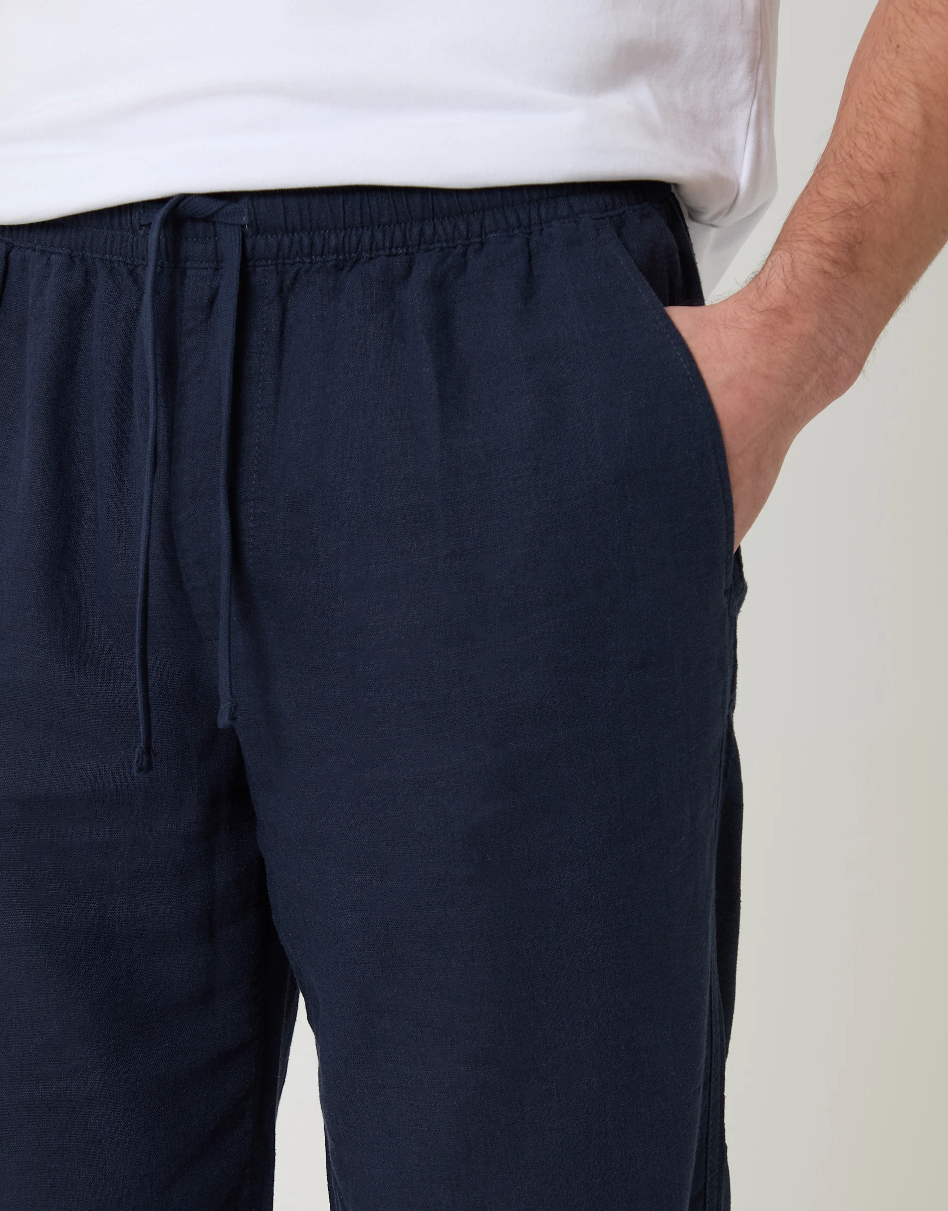 Linen Blend Drawcord Trousers in Navy - Image 4