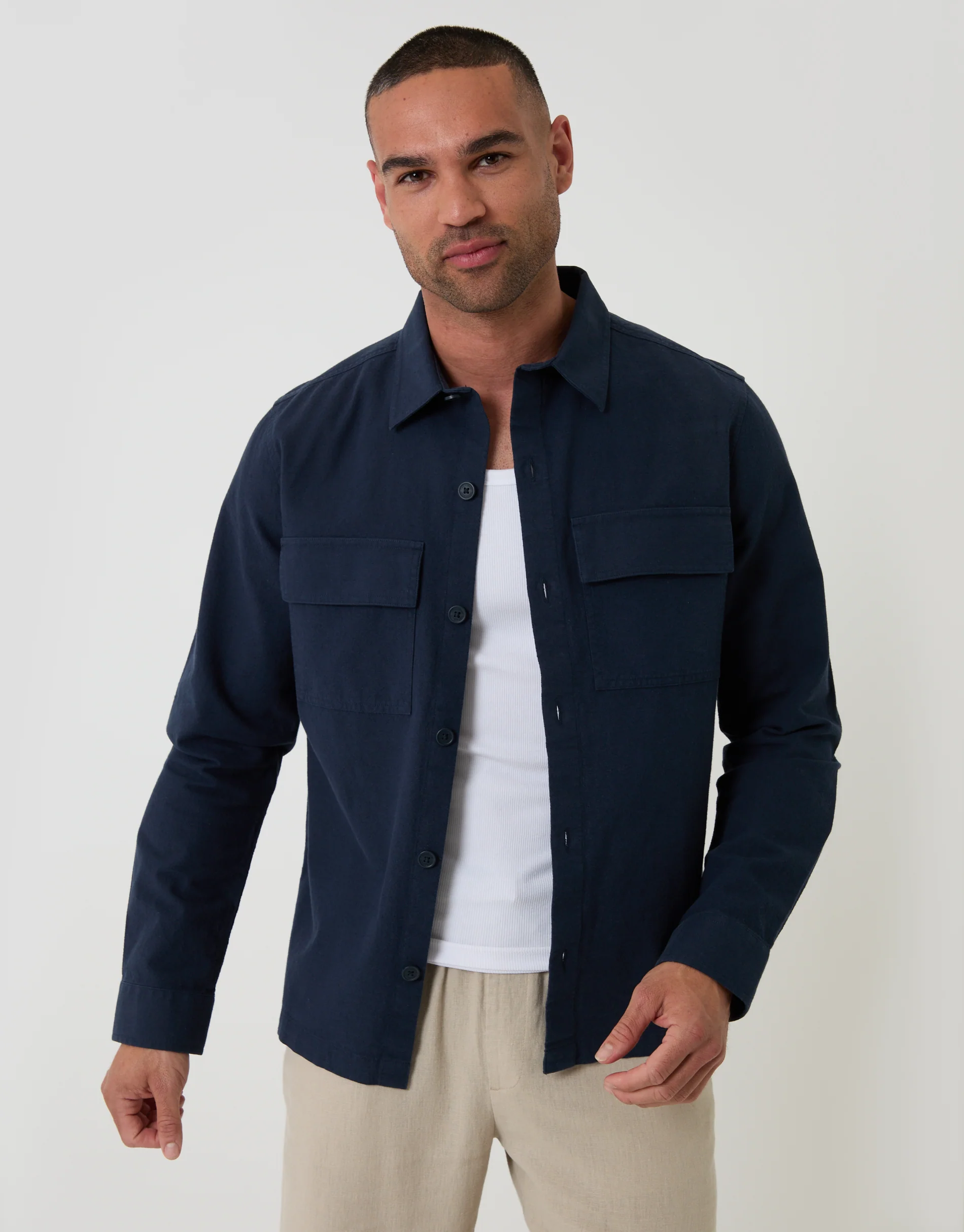 Linen Blend Lightweight Shacket in Navy