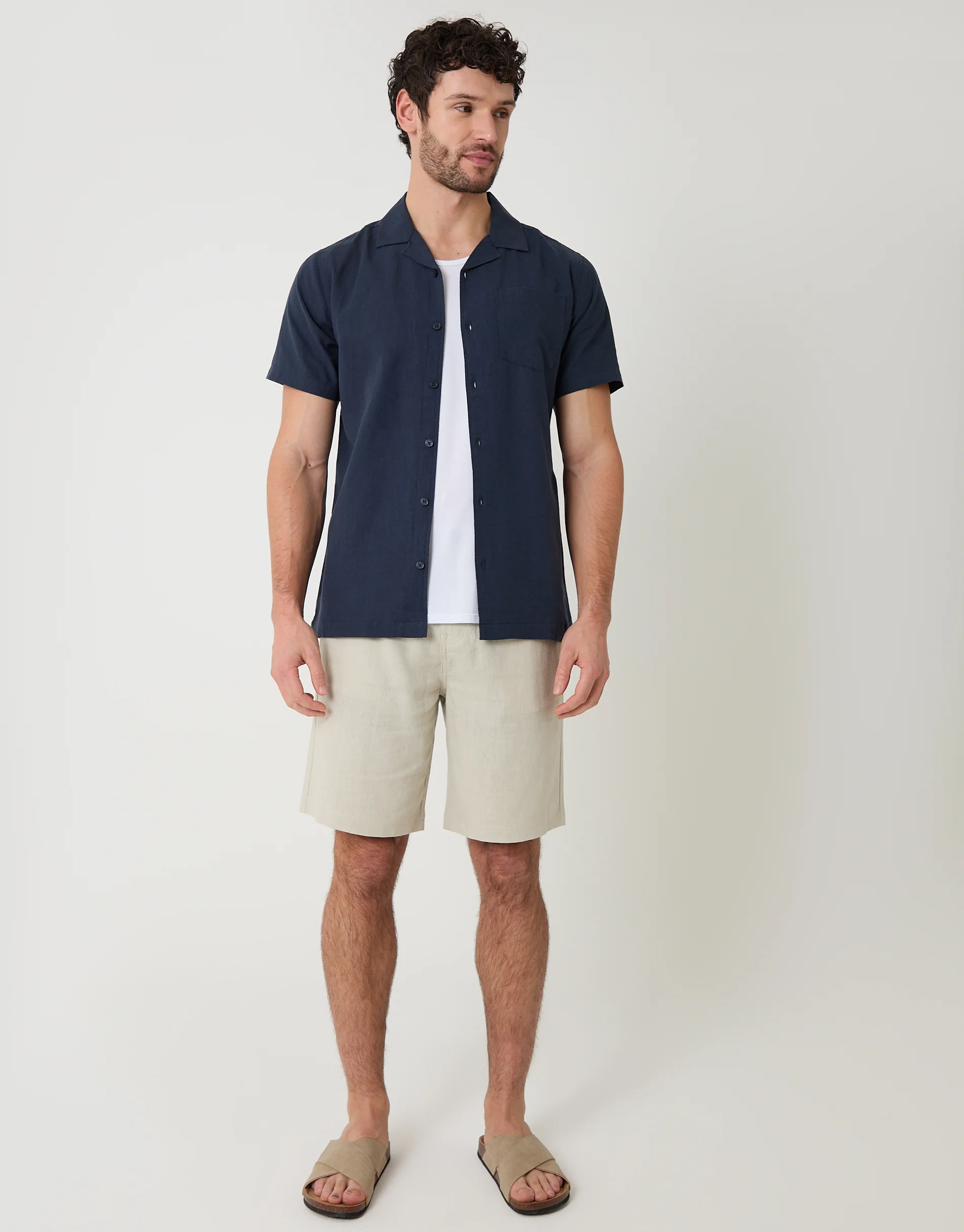 Linen Cotton Blend Short Sleeve Shirt in Navy - Image 3