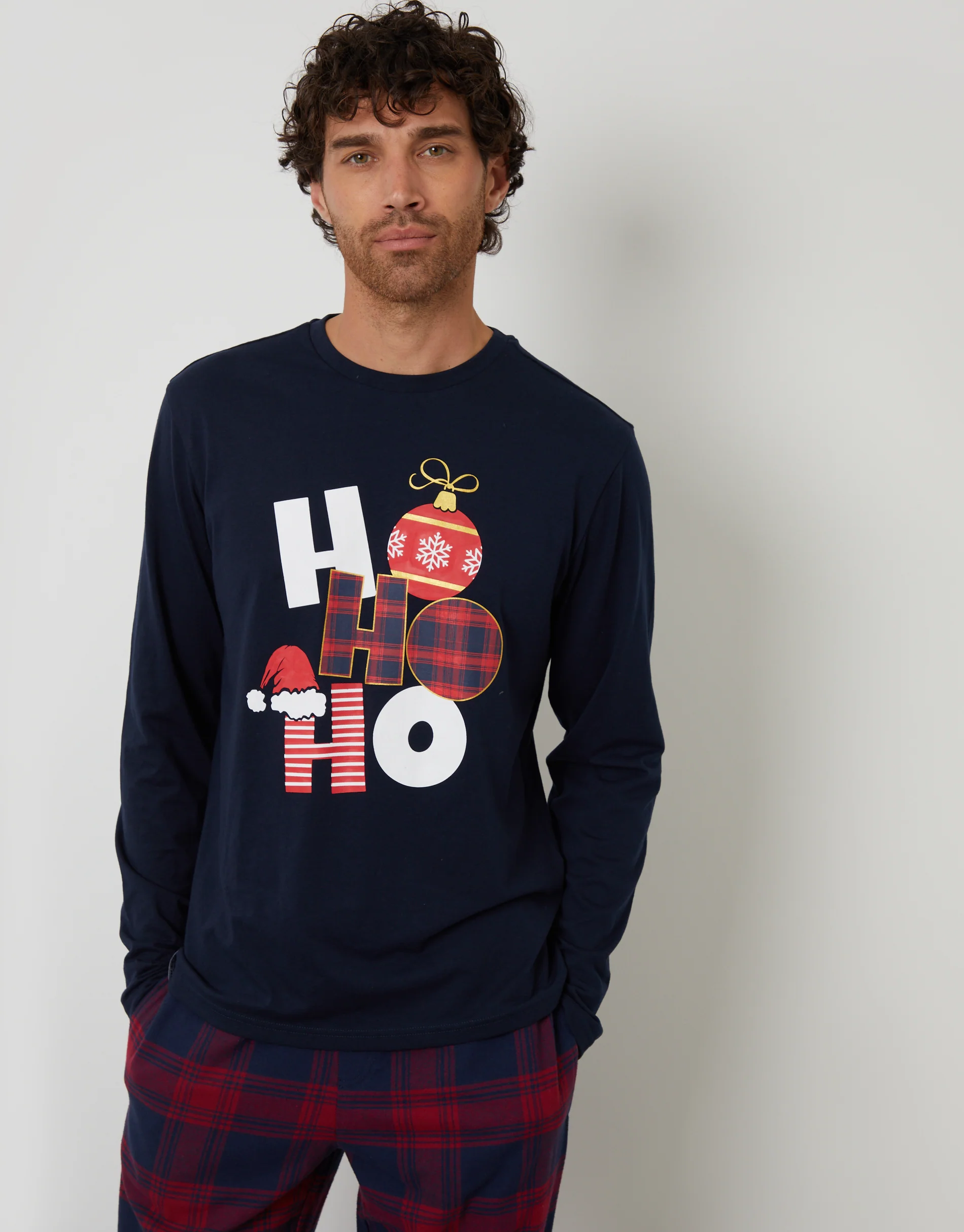 Long Check Christmas Pyjama Set in Navy - Image 4