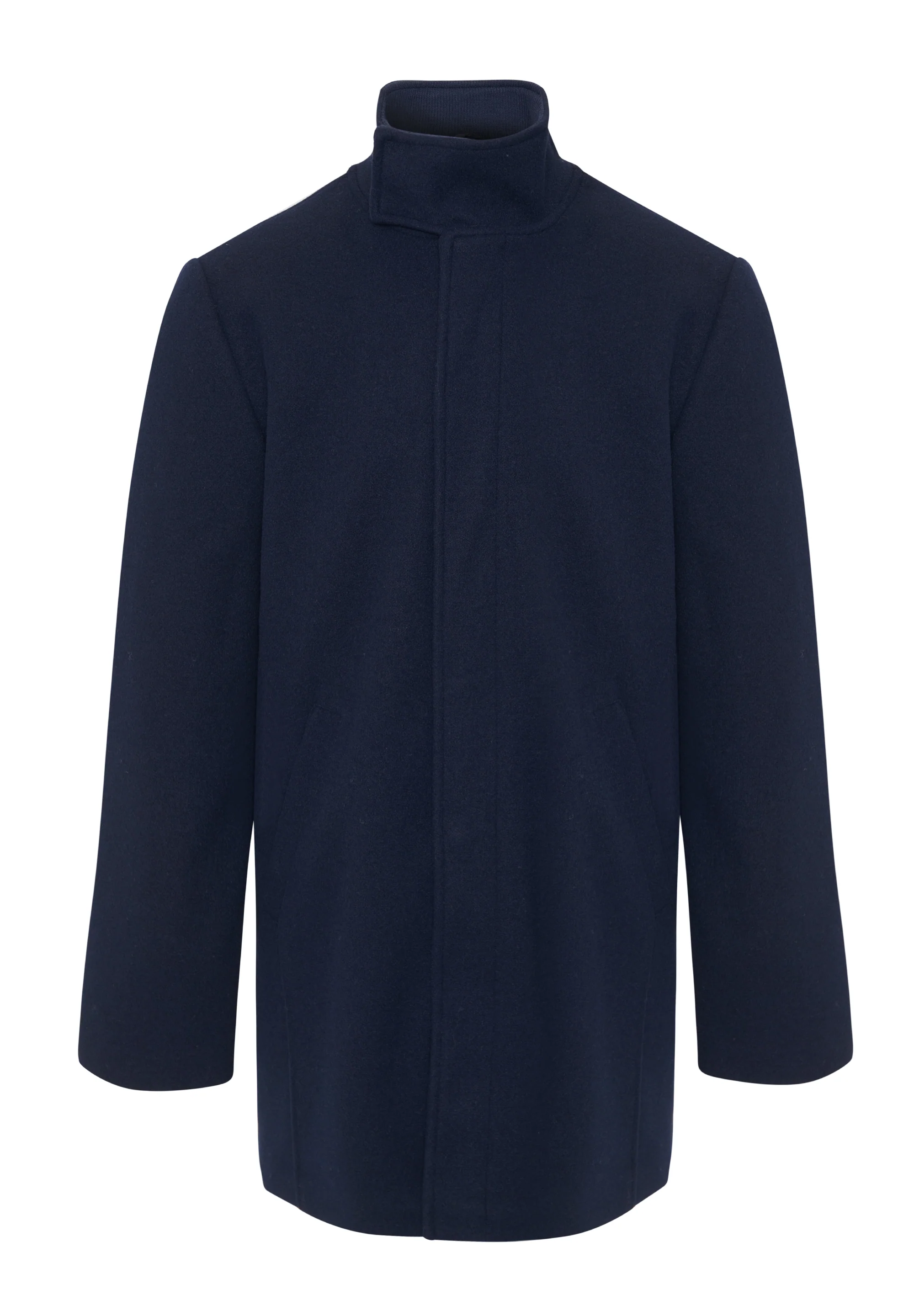 Longline Faux Wool Funnel Neck Coat in Navy - Image 7