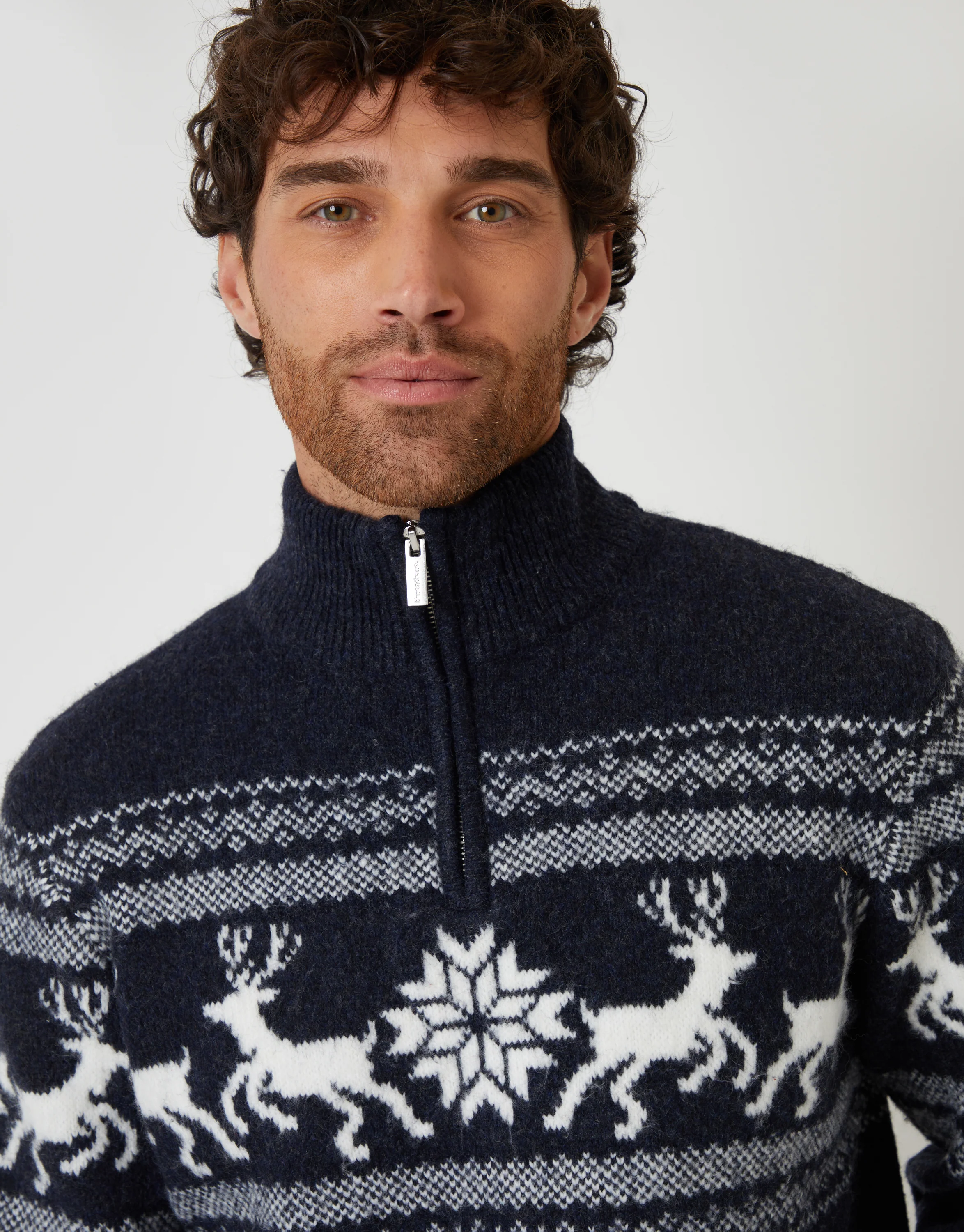Fairisle Knitted Quarter Zip Christmas Jumper in Navy Marl - Image 4