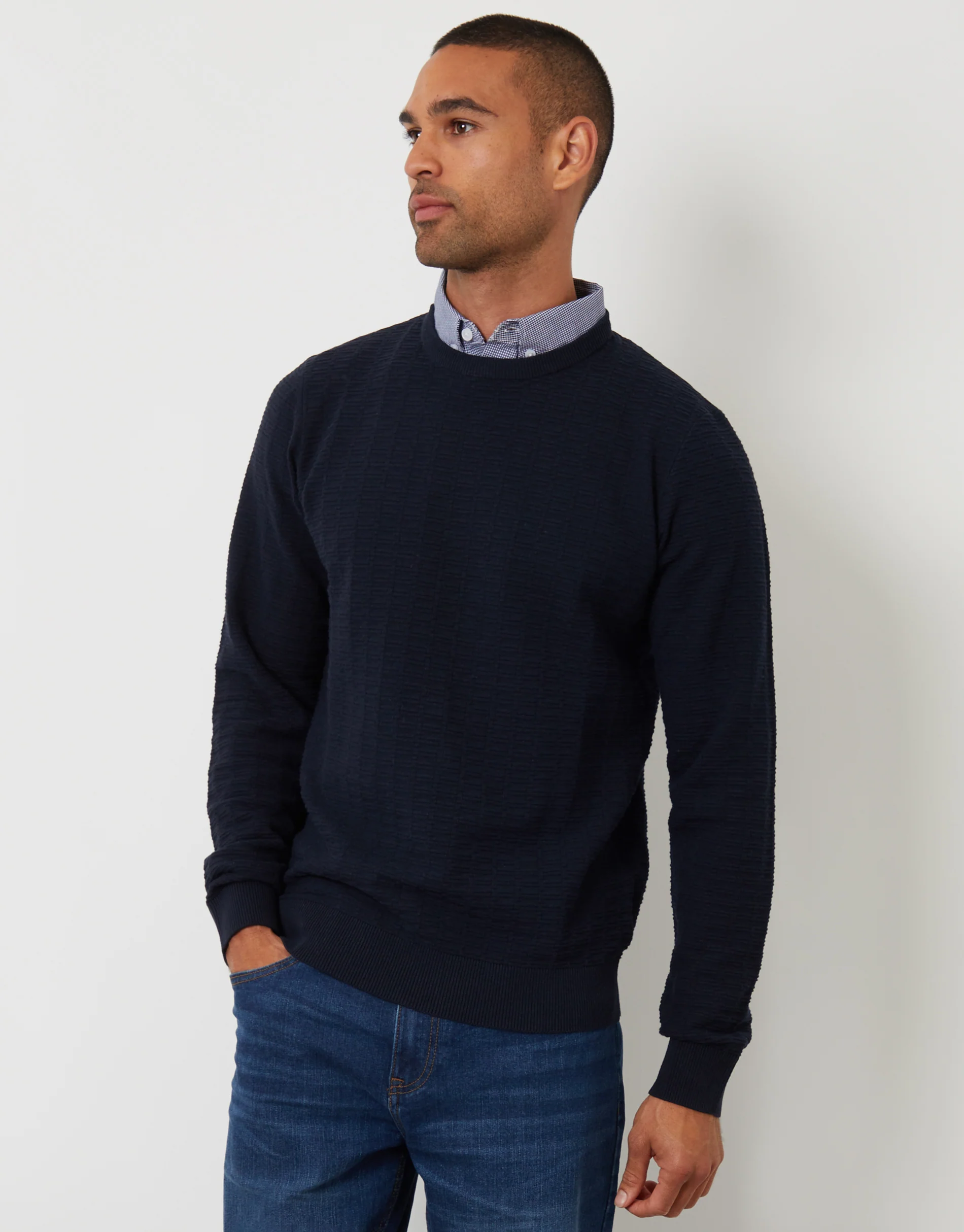 Mock Shirt Textured Knitted Jumper in Navy